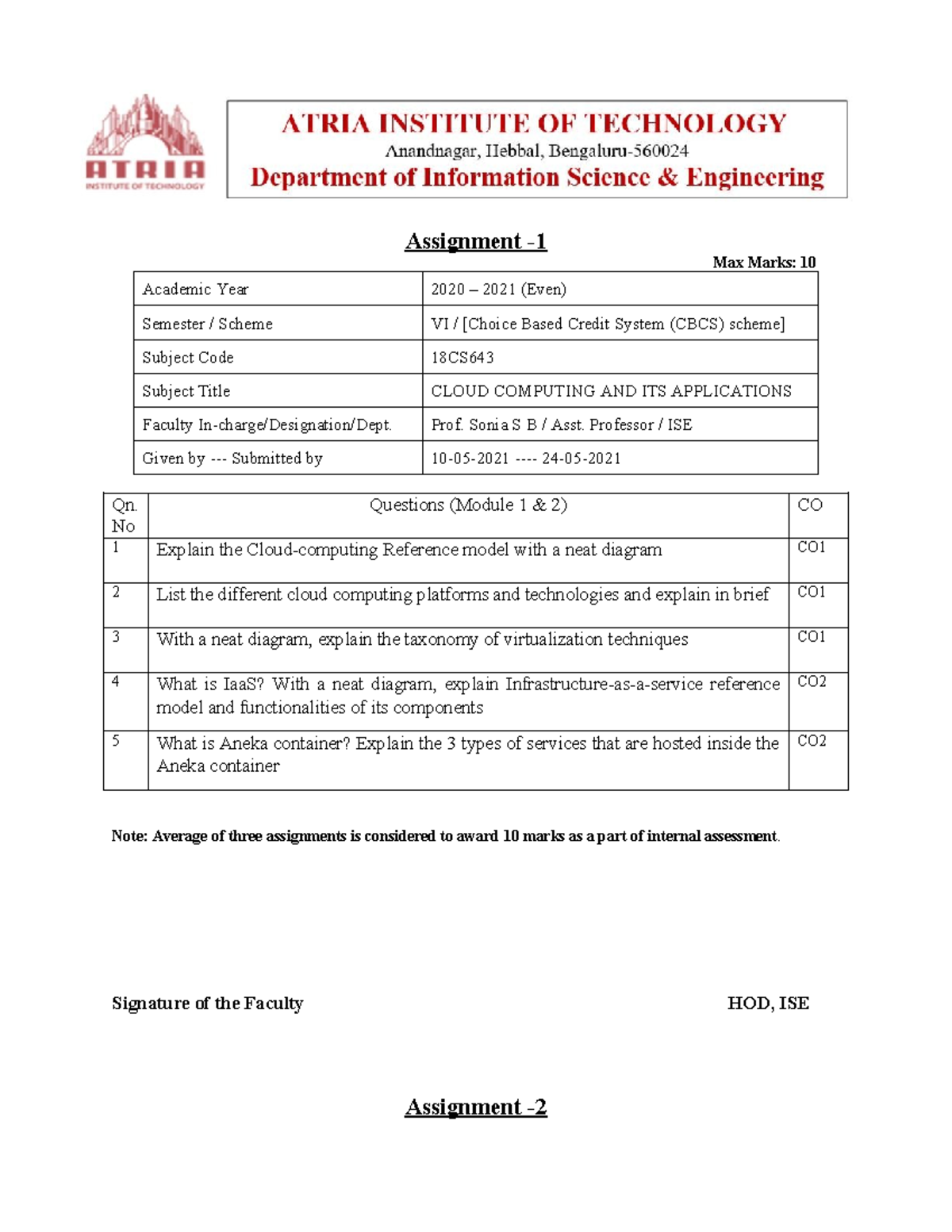 CCA assignment - EVEN - Assignment - Max Marks: 10 Academic Year 2020 ...