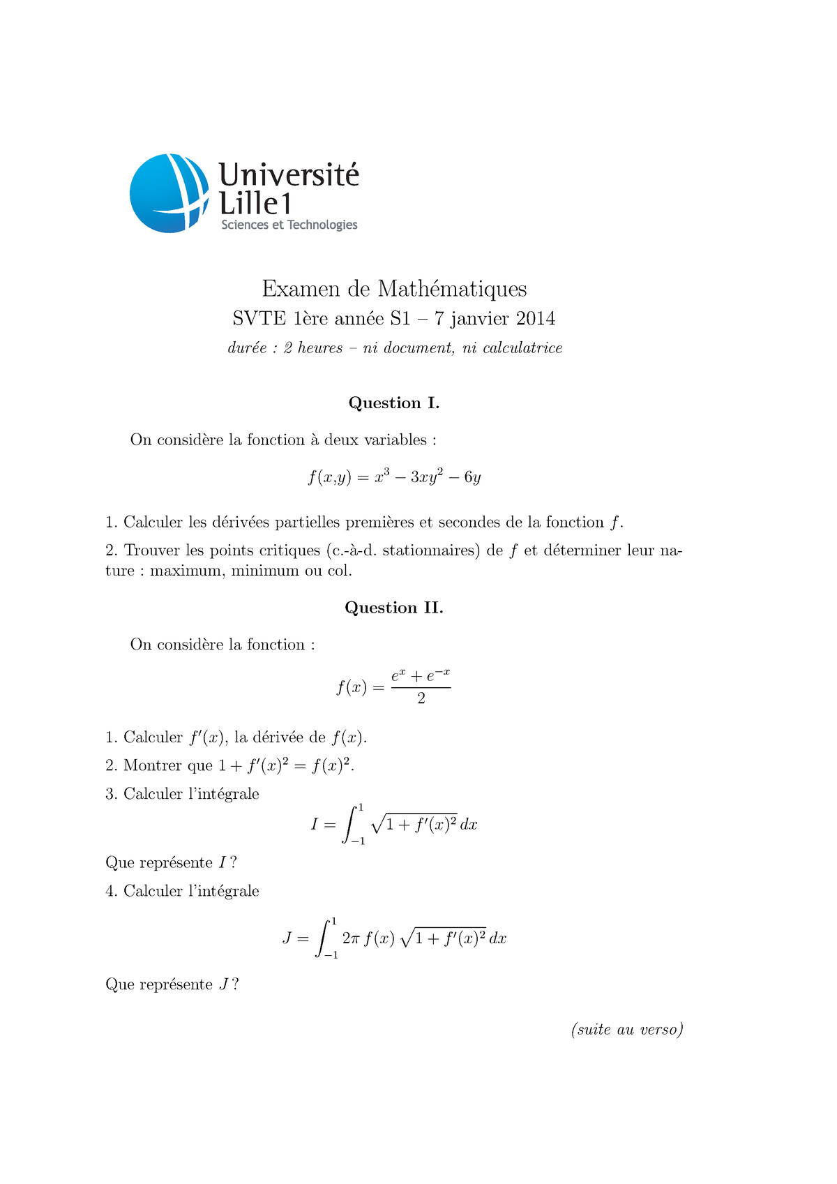 Examen 2014, Questions - Examen De Math´ematiques SVTE 1`ere Ann´ee S1 ...