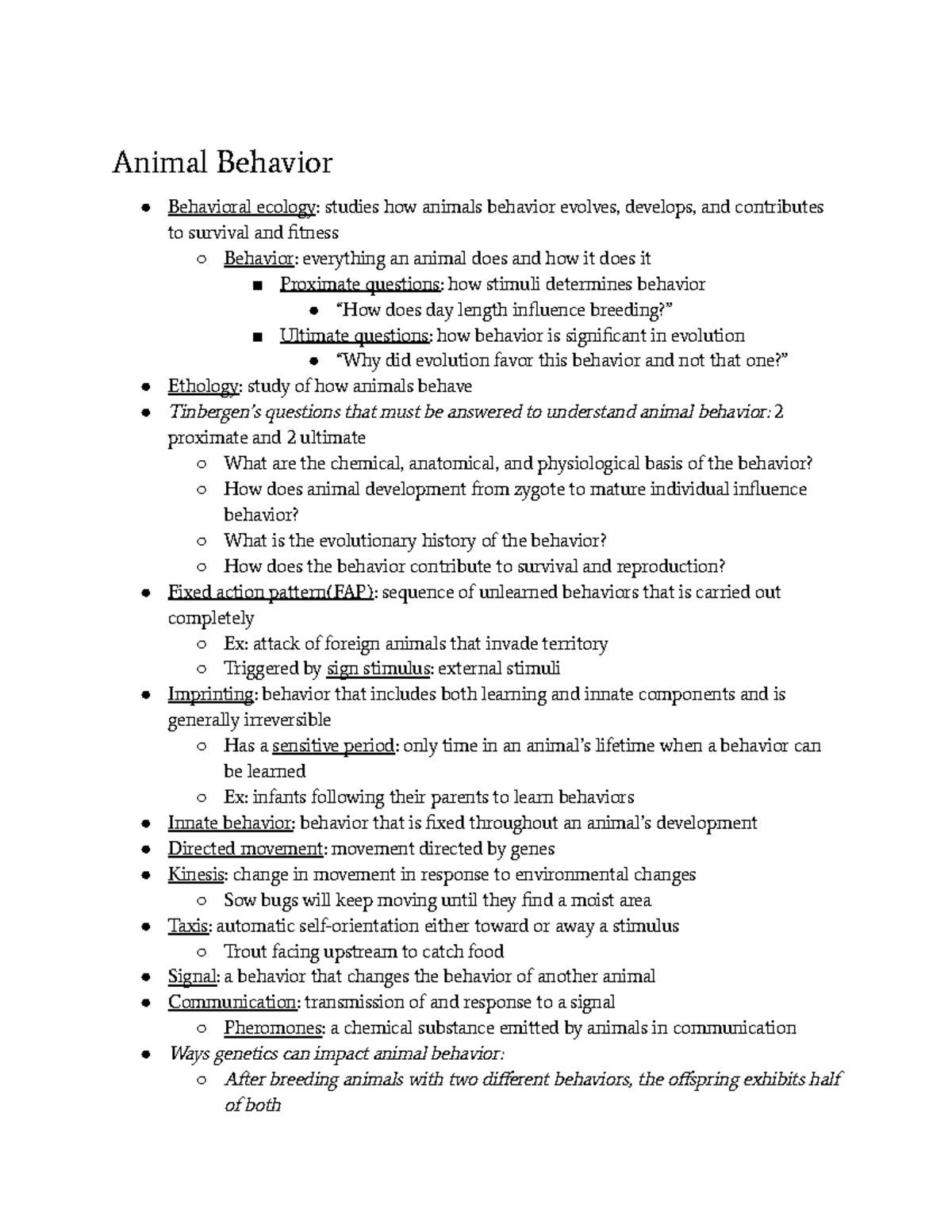Animal Behavior notes Animal Behavior Behavioral ecology studies how