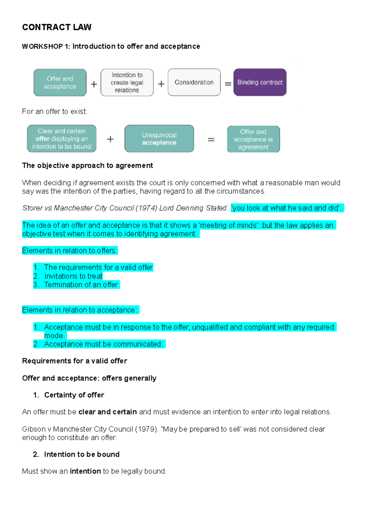 Contract Part 1 - Notes - CONTRACT LAW WORKSHOP 1: Introduction to ...