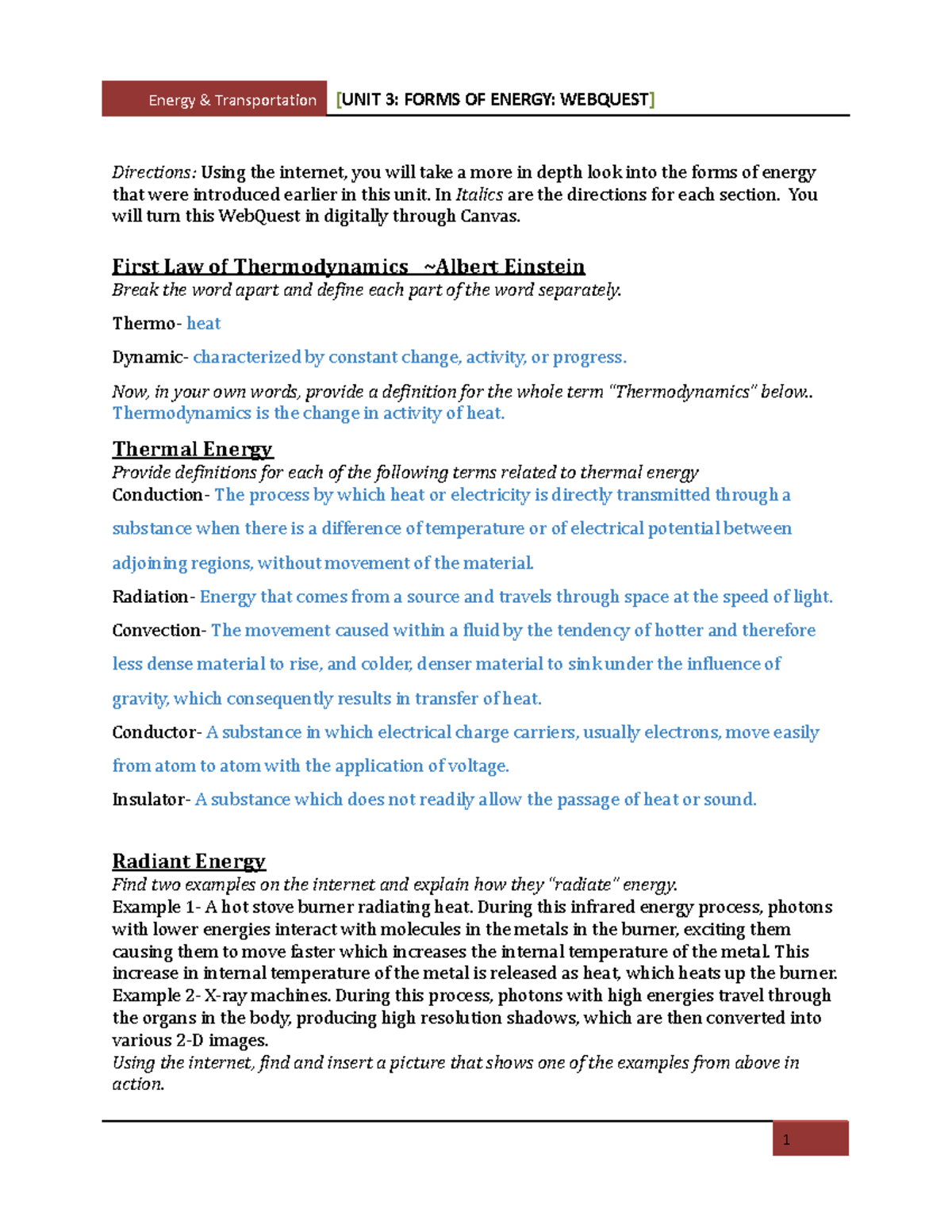 Forms of Energy quest Directions Using the you will