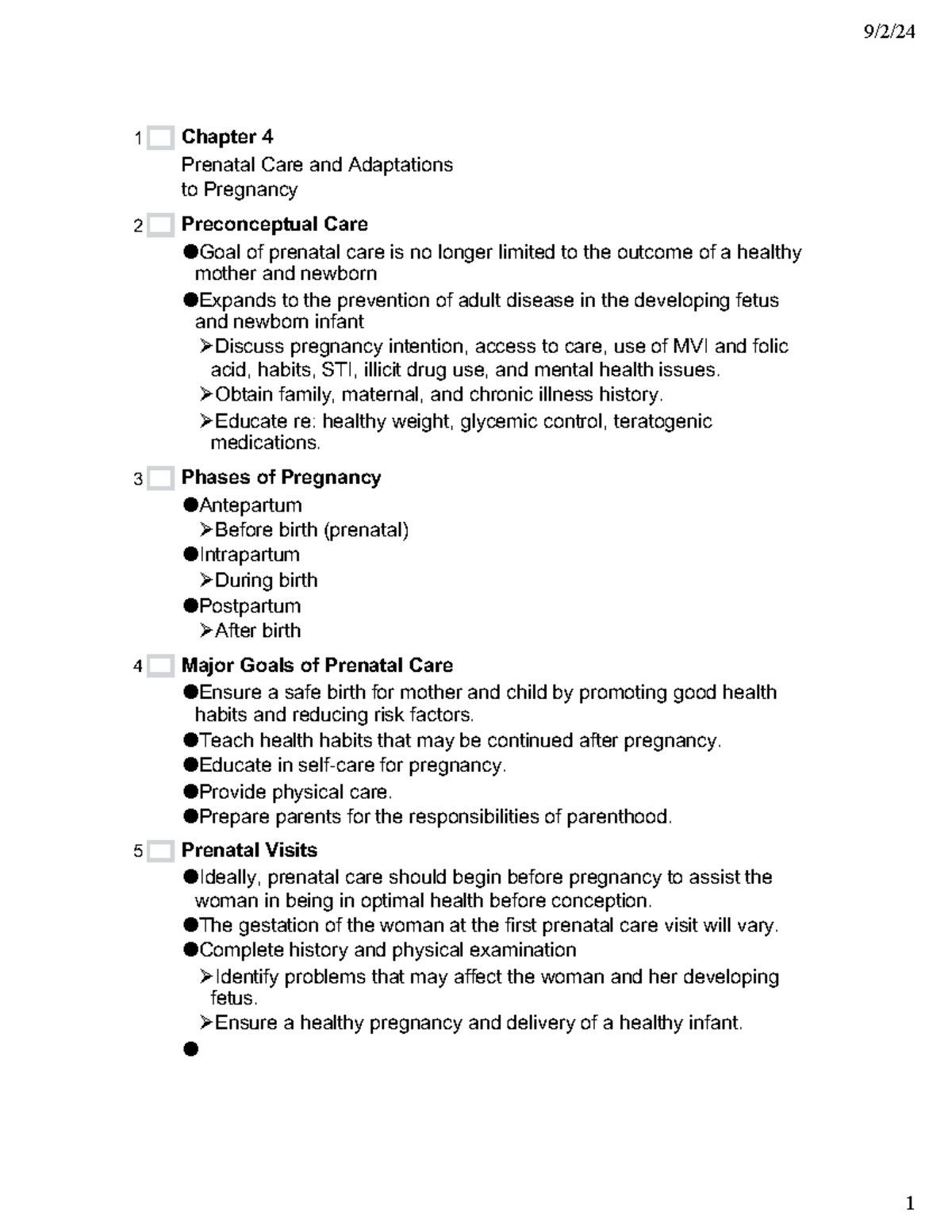Chapter 4 outline - 9/2/ Chapter 4 Prenatal Care and Adaptations to ...