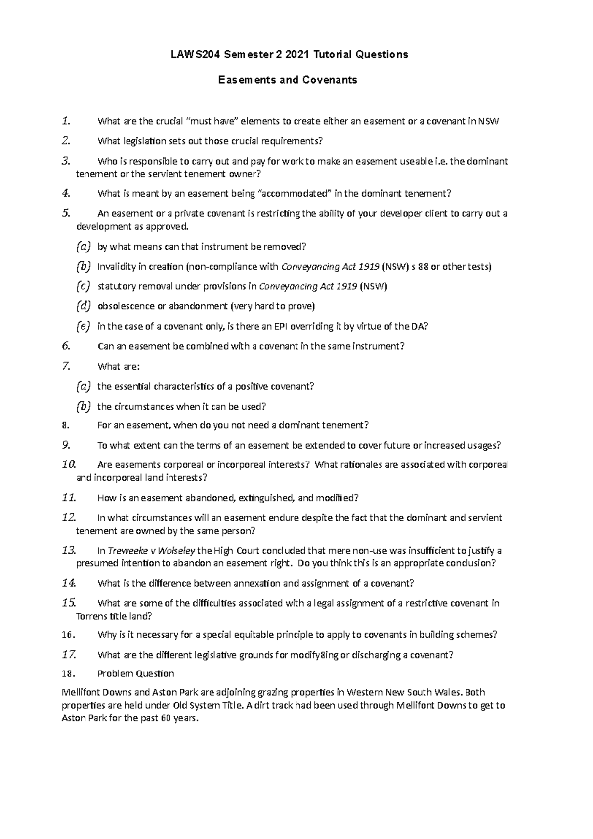 LAWS204 Easement and Covenant Tutorial Questions LAWS204 Semester 2