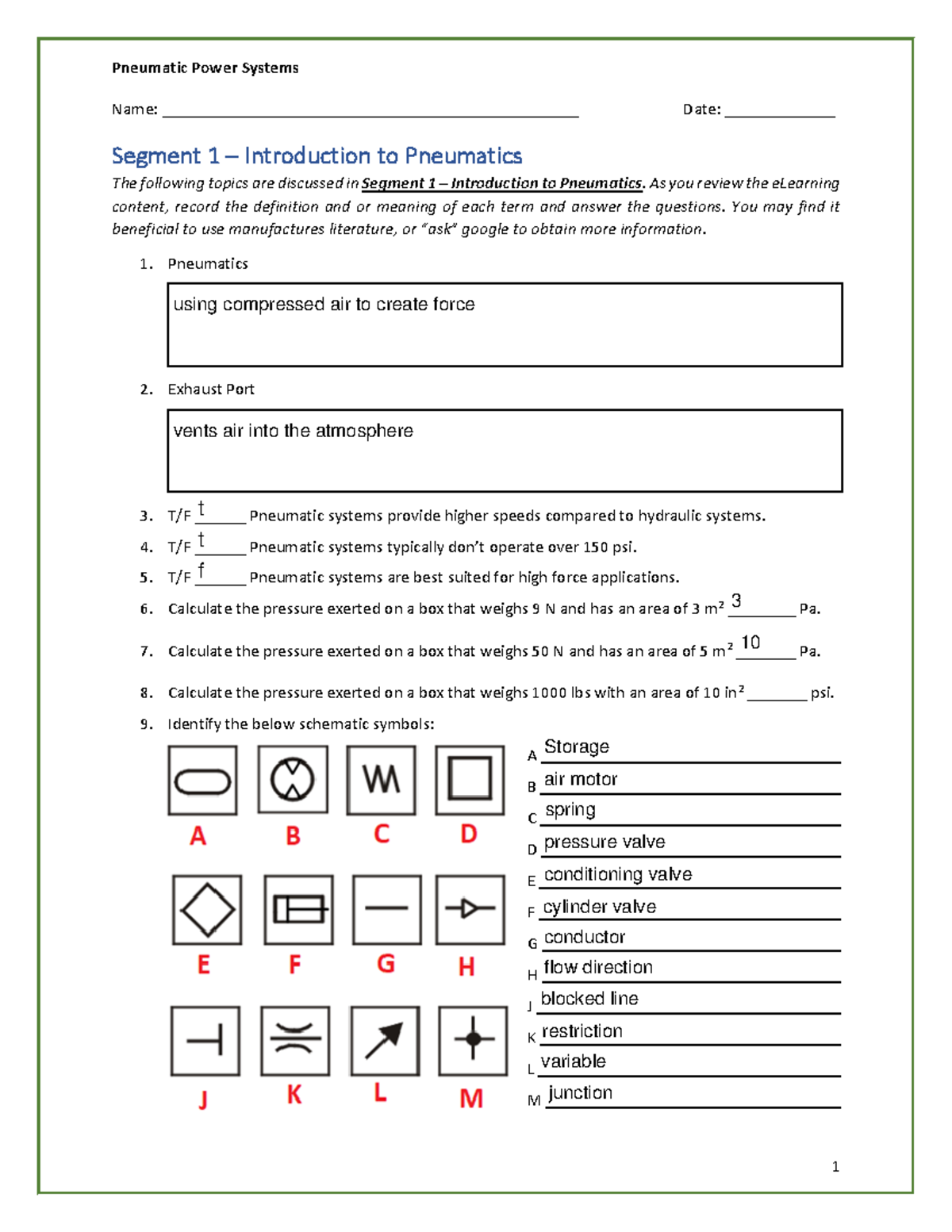 A09 Worksheet Pneumatic Power Systems Name