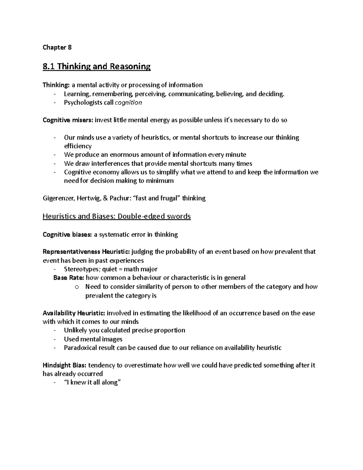 Chapter 8 - Psych Notes - Chapter 8 8 Thinking And Reasoning Thinking ...