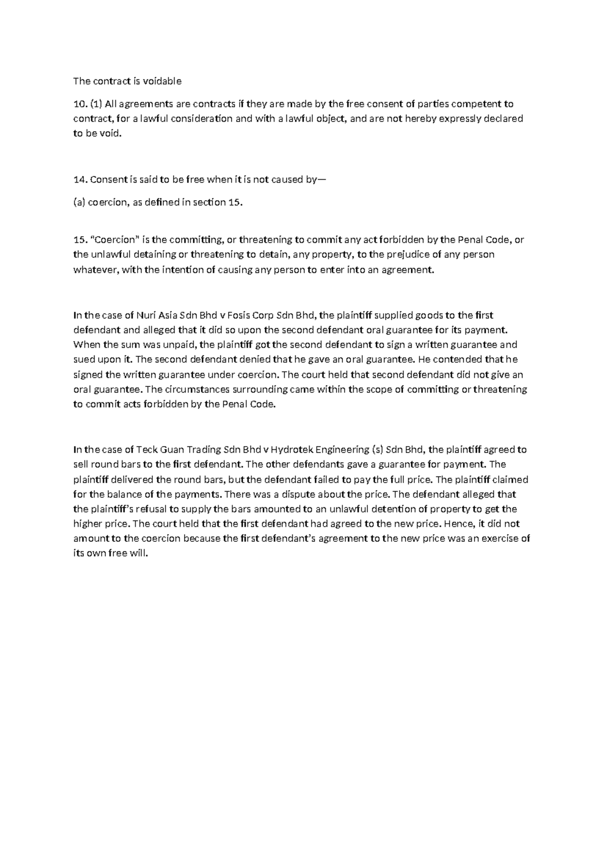 Coercion - Summary Law of Contract II - The contract is voidable 10. (1 ...