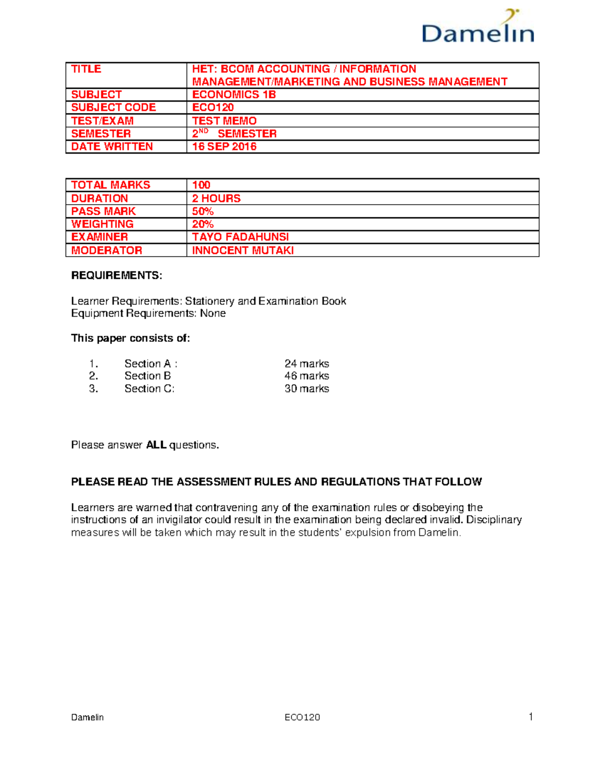 Economics 1B Test Memo - Test Mid Term - TITLE HET: BCOM ACCOUNTING ...