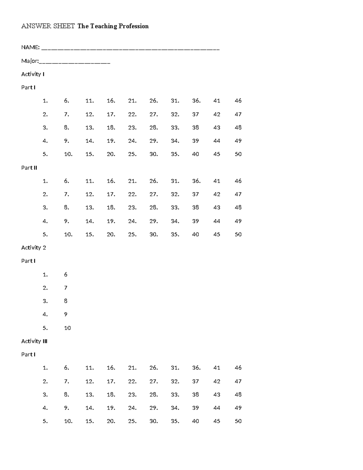 Answer Sheet Teaching Profession - ANSWER SHEET The Teaching Profession ...