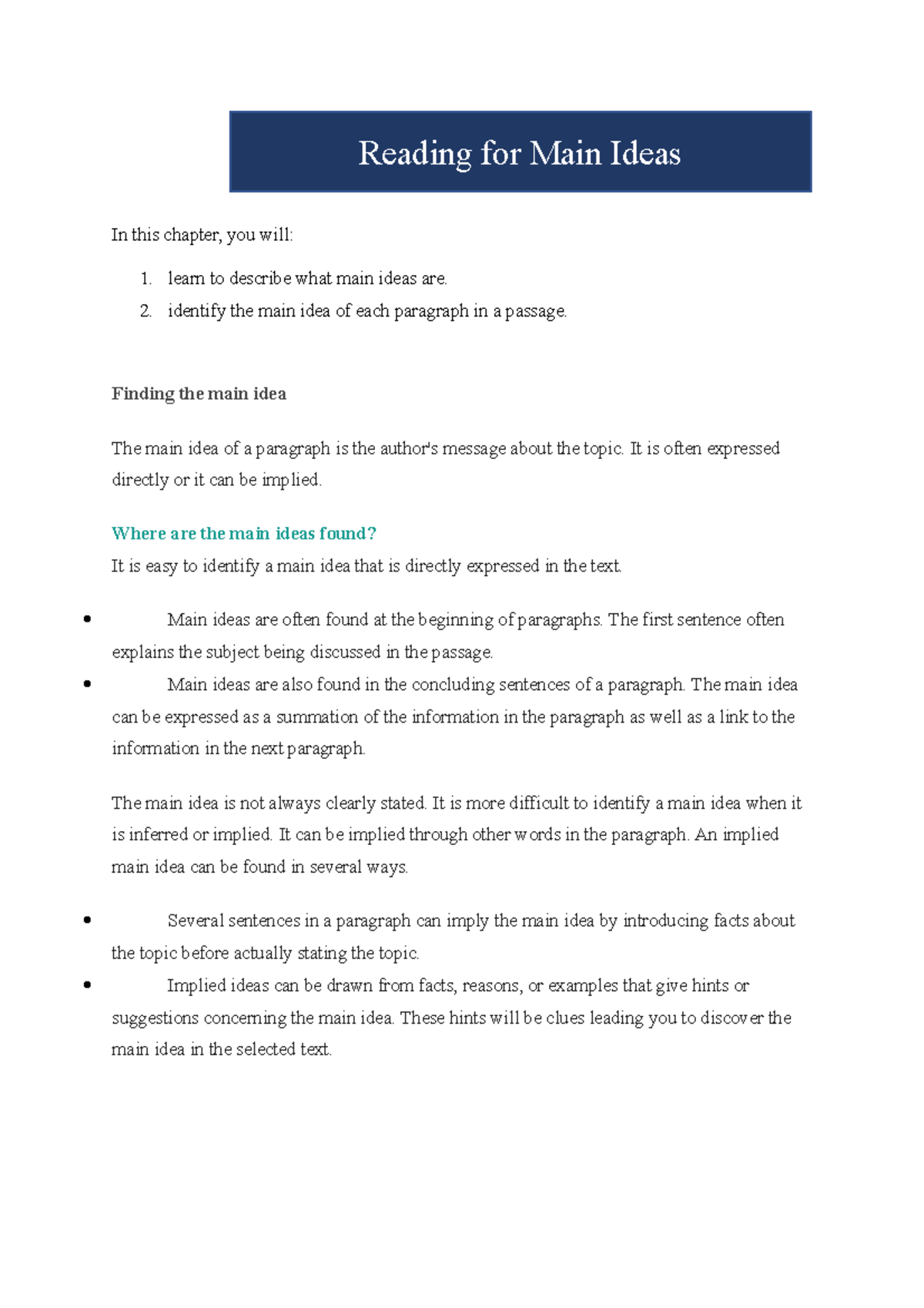 1-Reading for main ideas - In this chapter, you will: 1. learn to ...