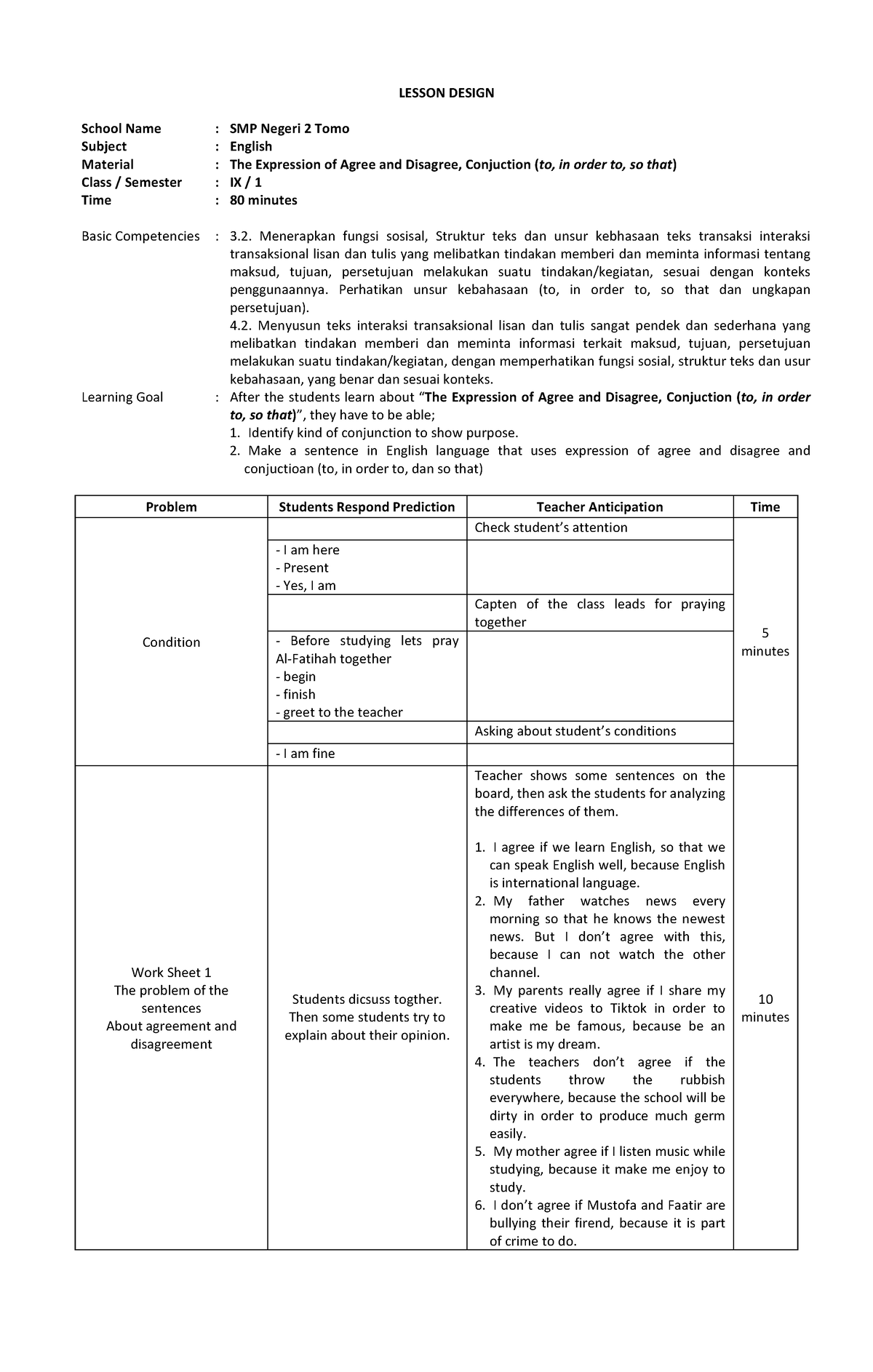 Lesson Design agree disagree ok - LESSON DESIGN School Name : SMP ...