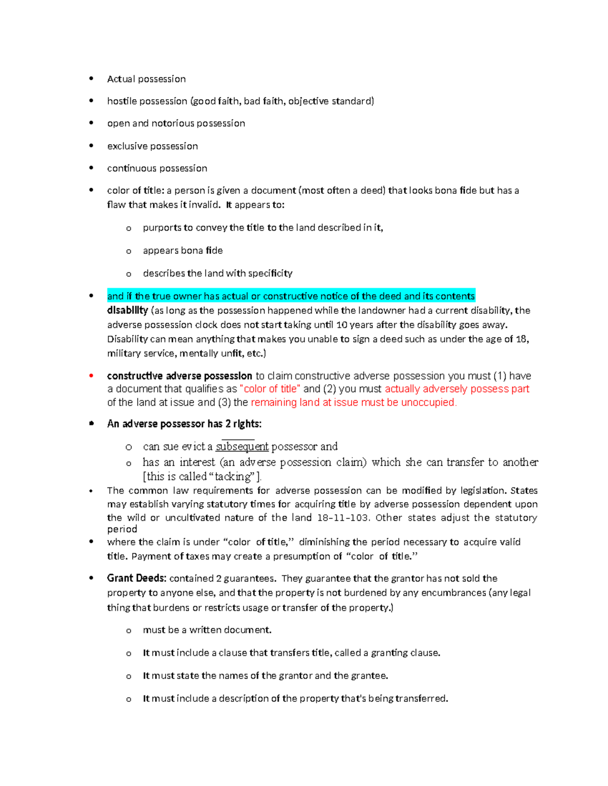 Adverse possession review for quiz - Actual possession hostile ...