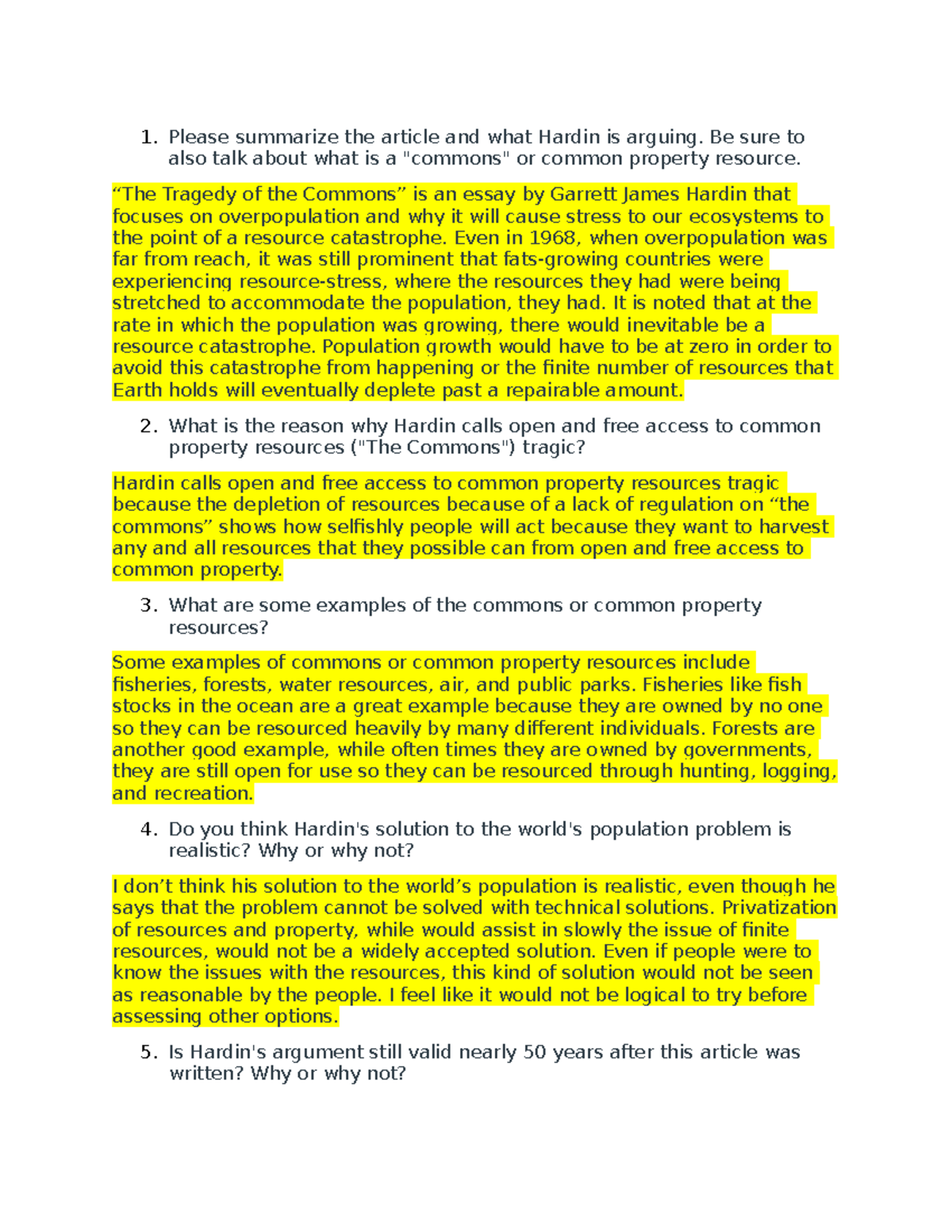 Geography102 Activity 8 Please summarize the article and what Hardin