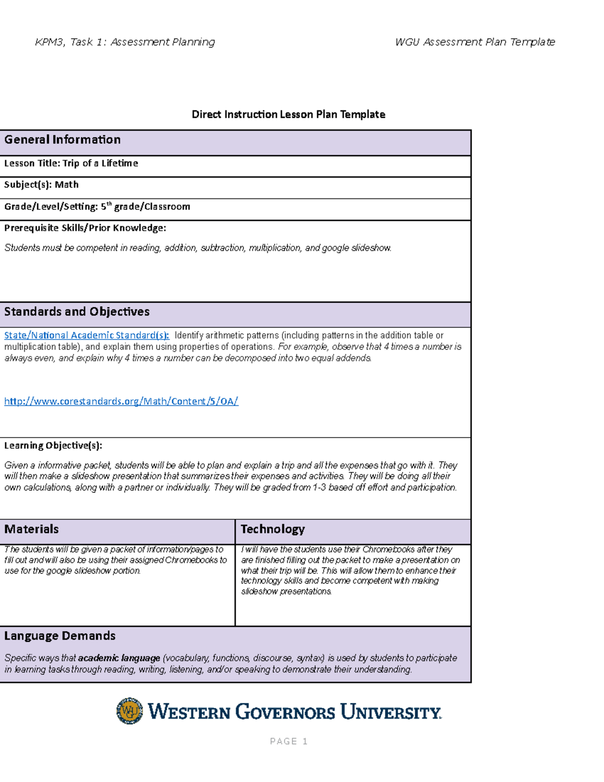 Task 1: WGU Assessment Plan Assignments-includes All Parts. - Direct ...