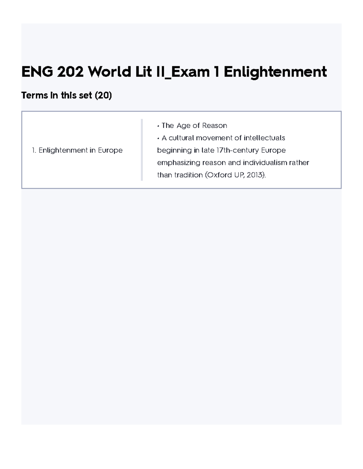 ENG 202 World Lit II Exam 1 Enlightenment Flashcards Quizlet - ENG 202 ...