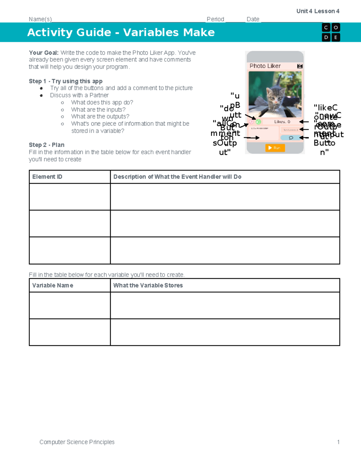 Activity Guide - Variables Make - Unit 4 Lesson 4 - Unit 4 Lesson 4 ...