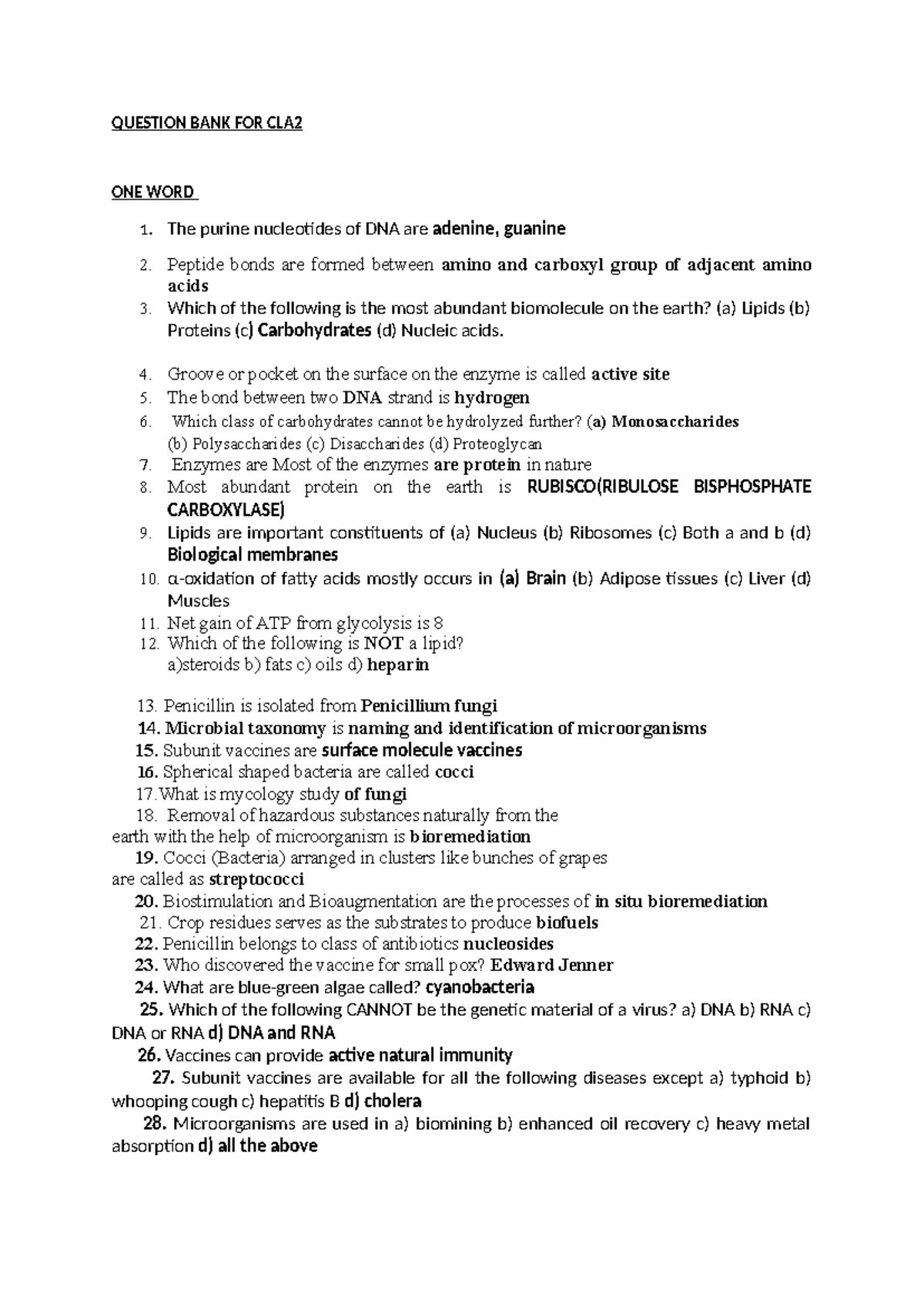 BIO- Question BANK FOR CLA2 - QUESTION BANK FOR CLA ONE WORD 1. The ...