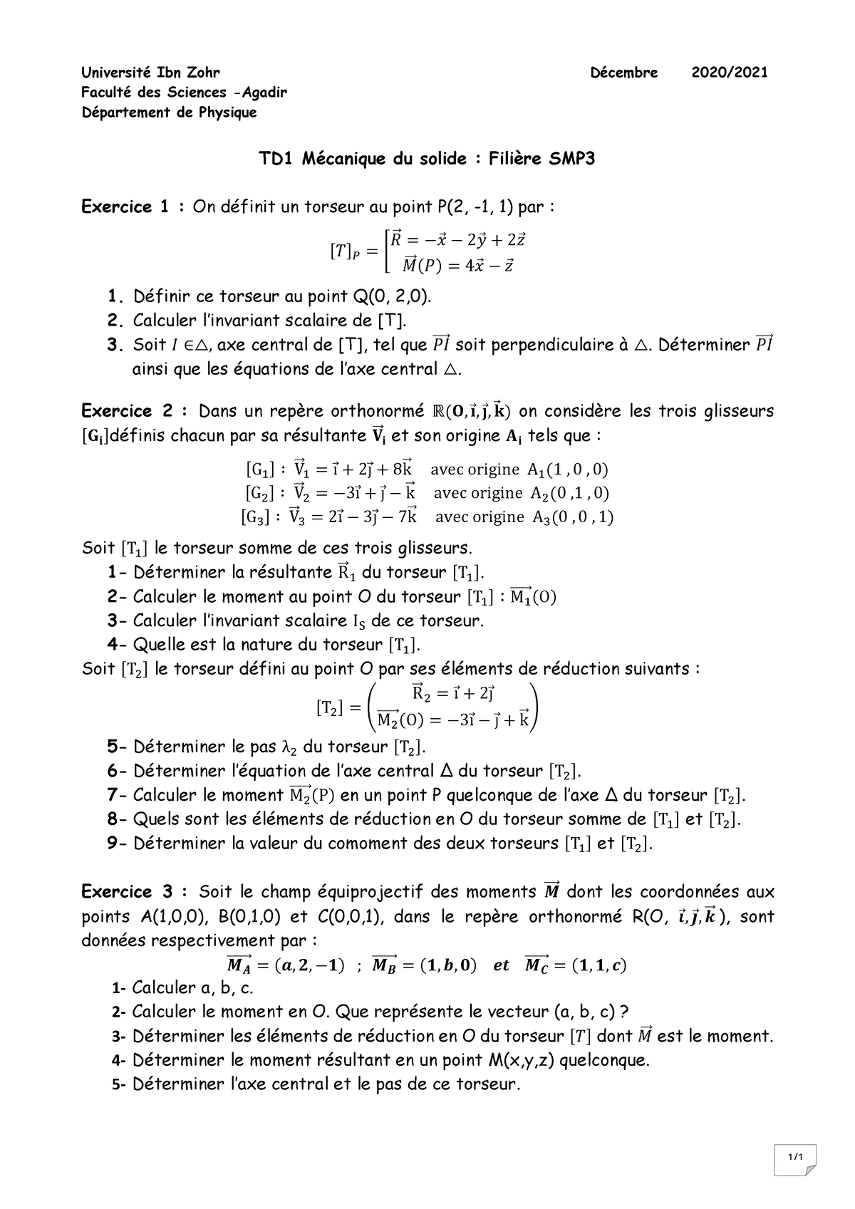 TD-Mec-Solide-SMP3 2020-série 1 - 1/ Université Ibn Zohr Décembre 2020 ...
