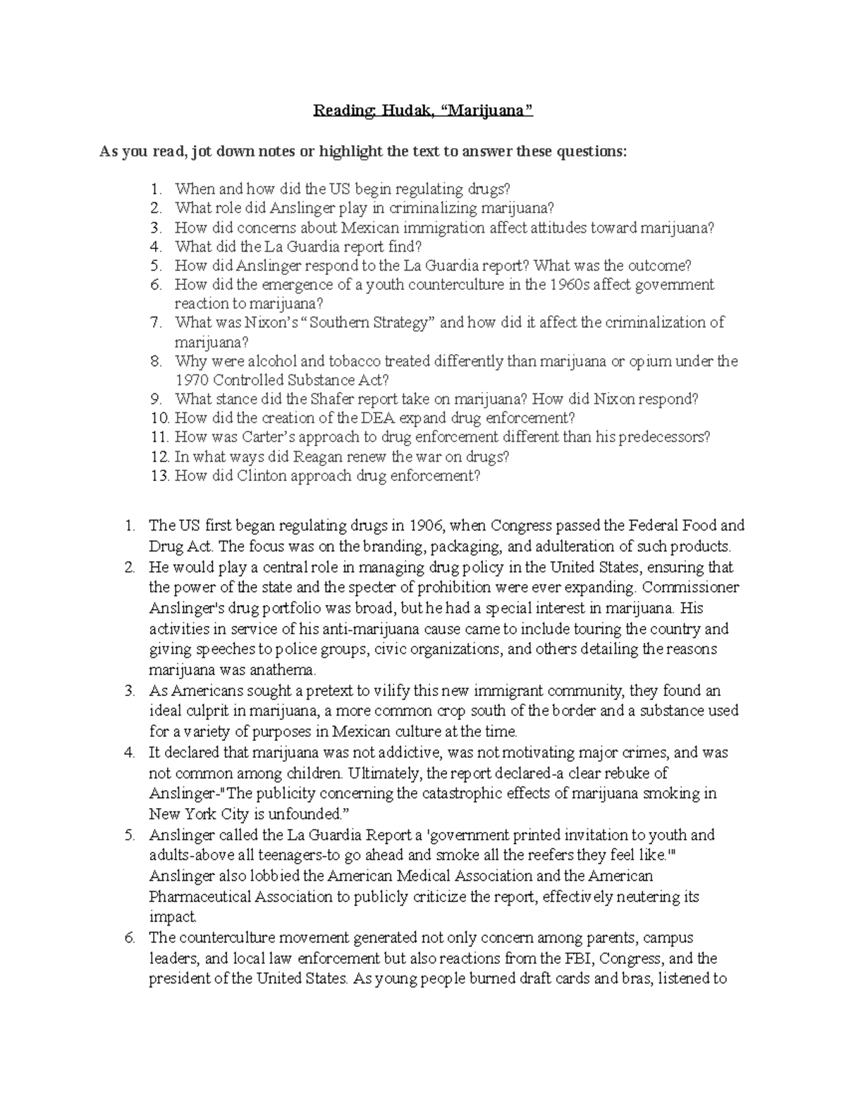 Hudak, Marijuana [ Questions and Answers ] - Reading: Hudak, “Marijuana ...
