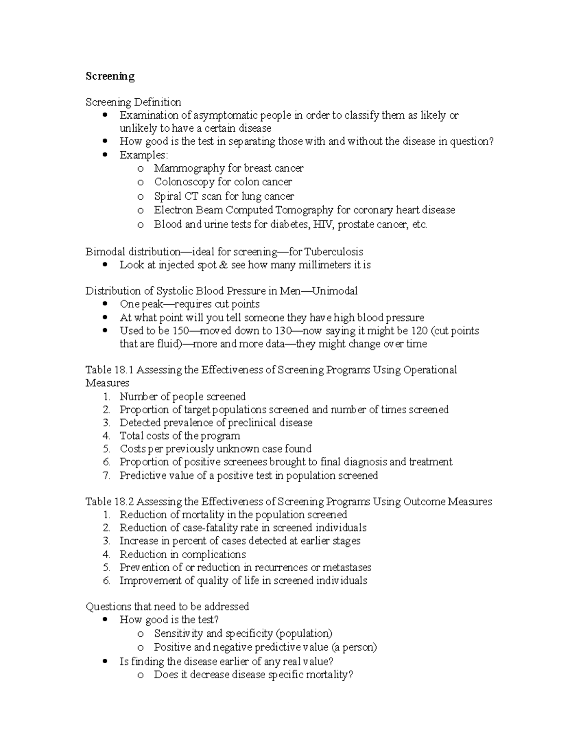 Epi; Wk 11; Nieves - Detailed lecture notes - Screening Screening ...