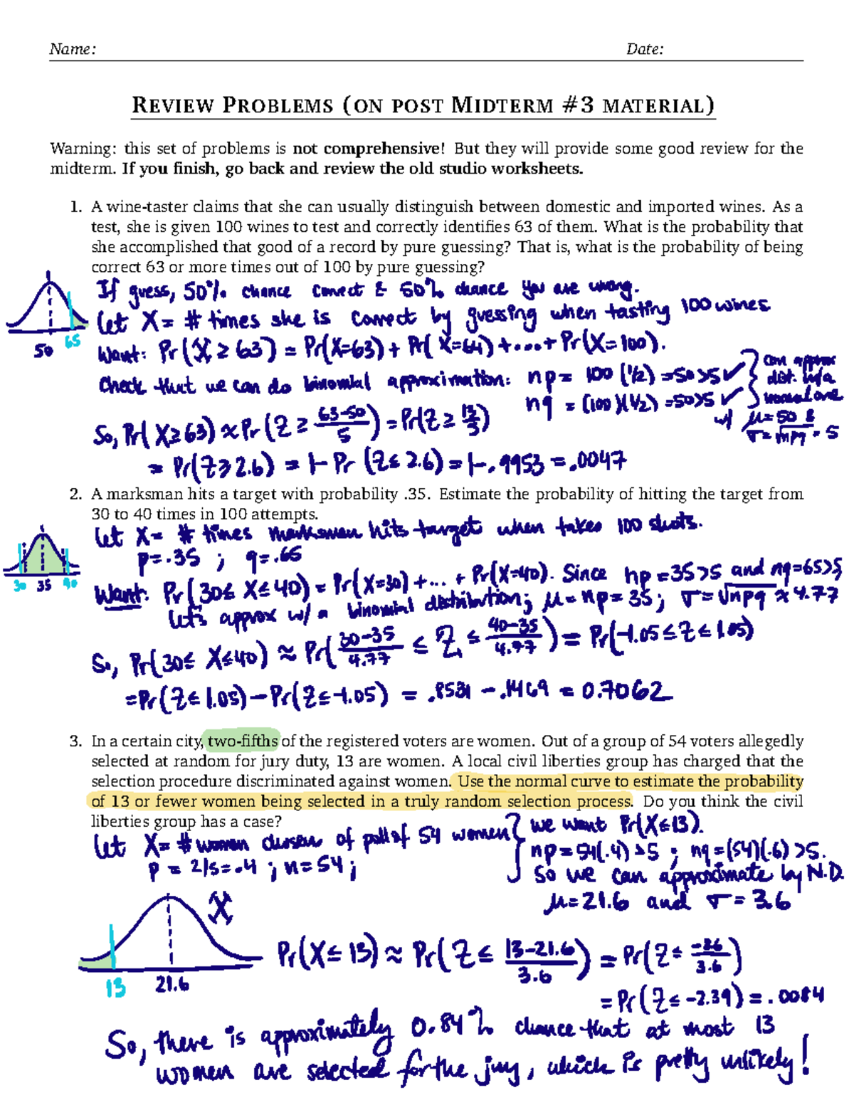 Last Review Packet for exams - REVIEWPROBLEMS(ON POSTMIDTERM#3 MATERIAL ...