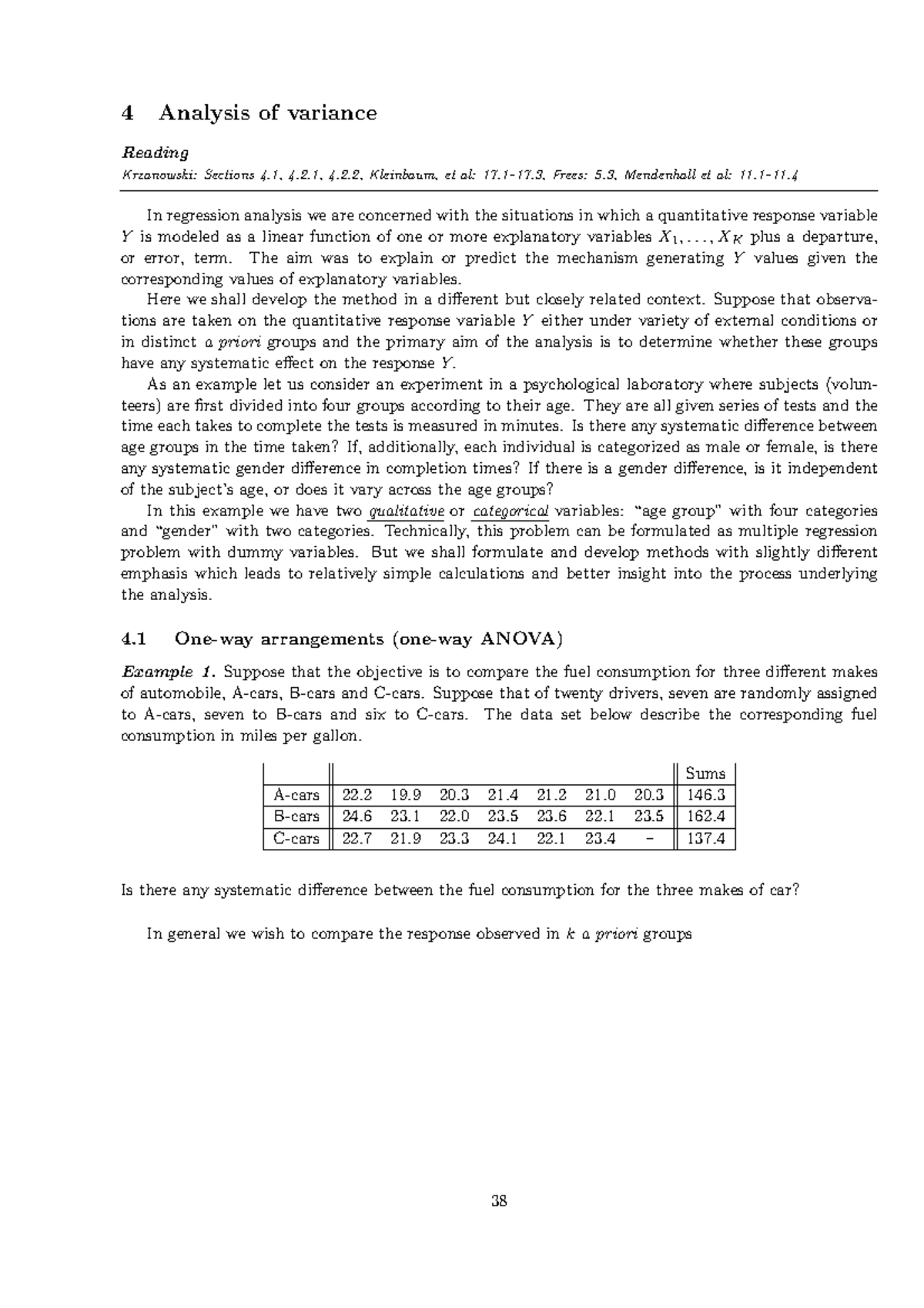 One-way Anova - 4 Analysis of variance Reading Krzanowski: Sections 4 ...