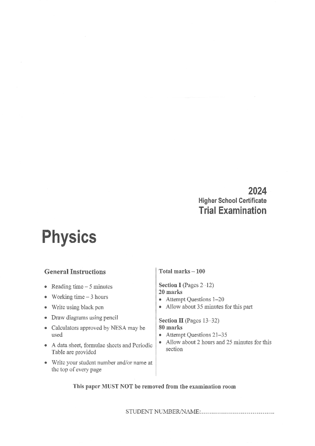 2024 HSC Physics Independent Paper 2024 Higher School Certificate