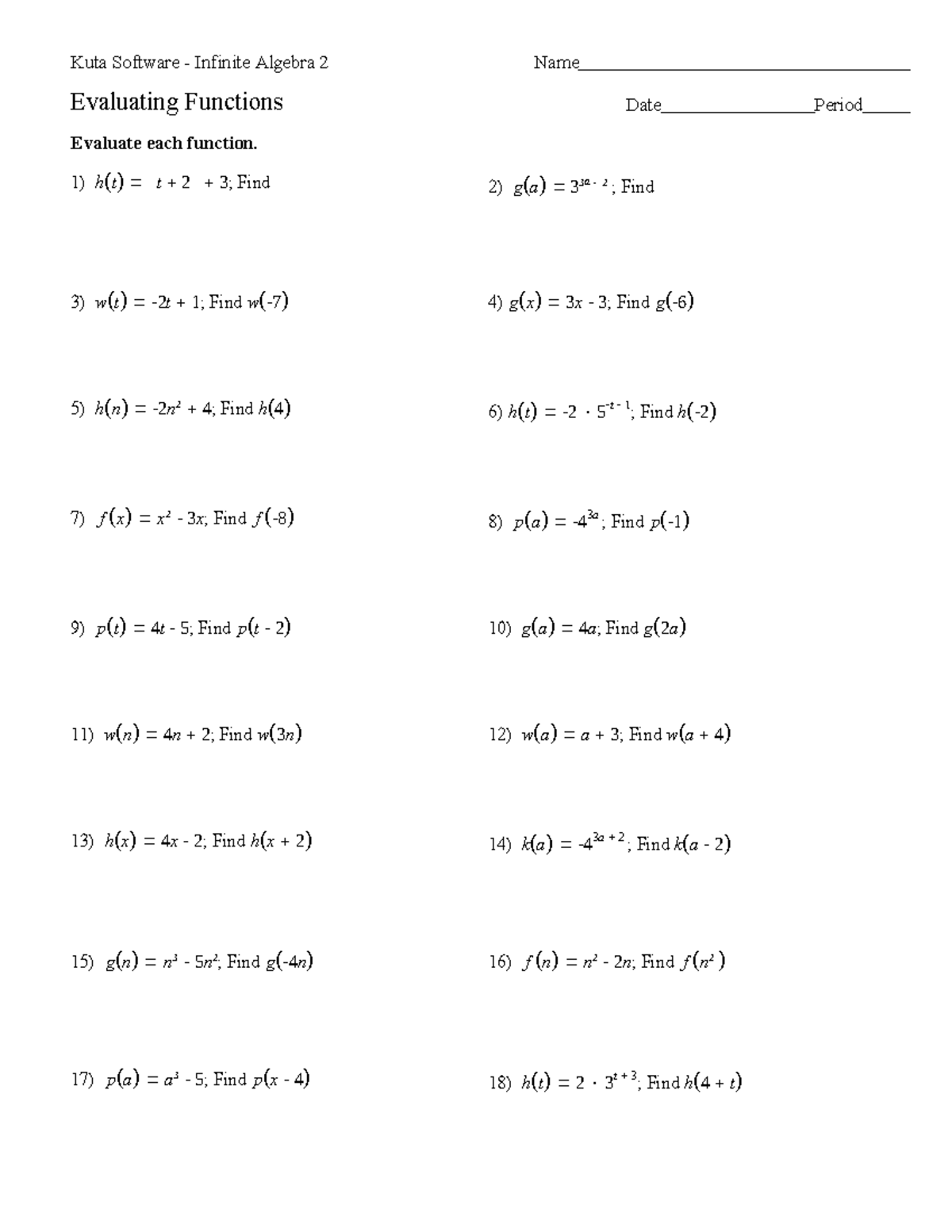 Evaluating Functions Kuta Software Infinite Algebra 2 Name