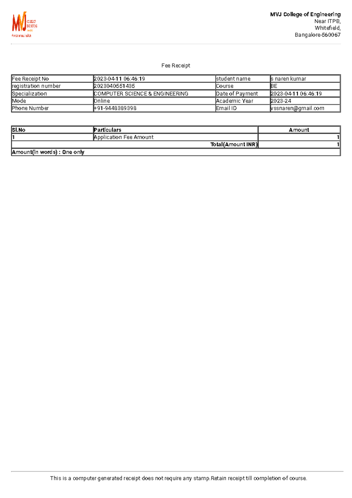 Application Fee Receipt PDF - Fee Receipt PDF - MVJ College of ...
