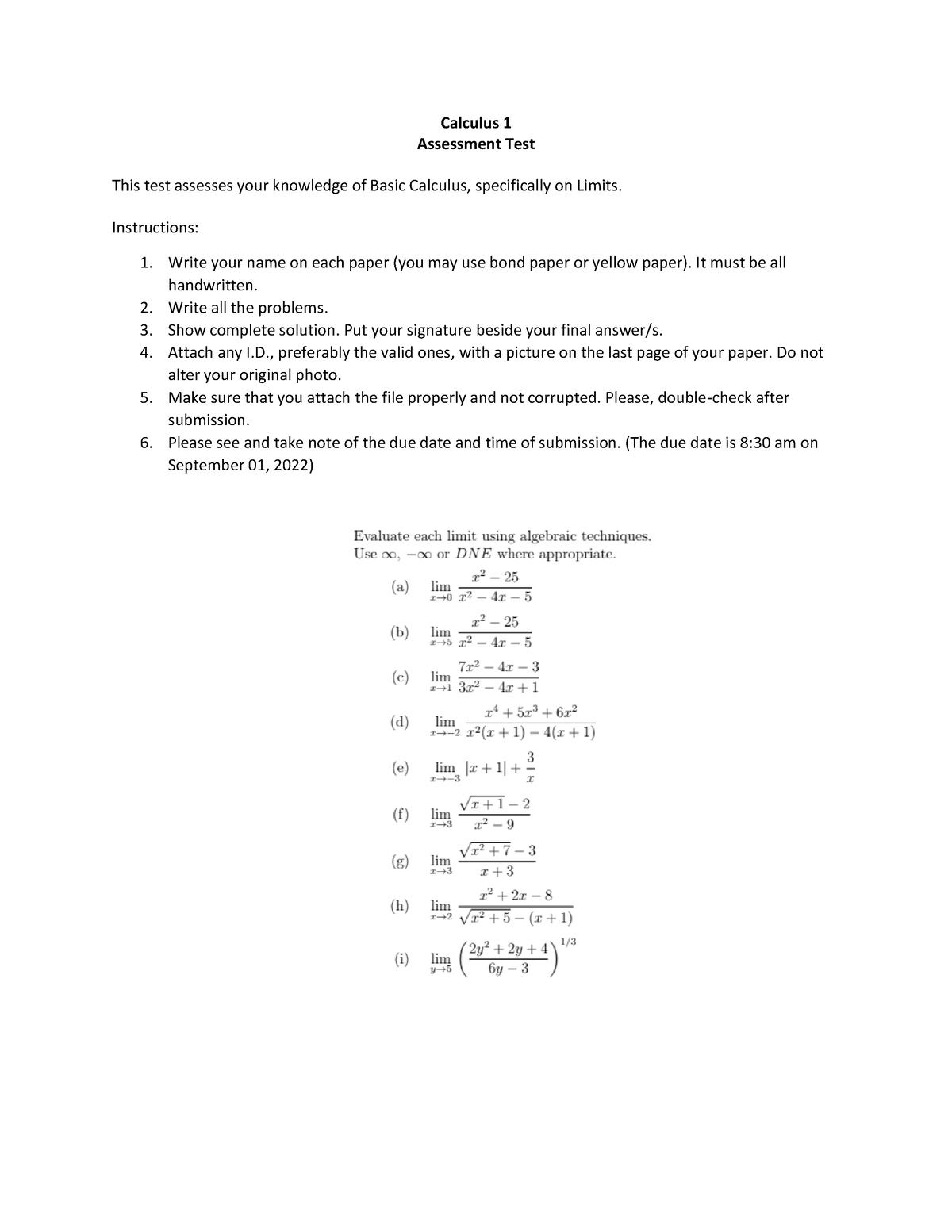 Assessment Test Limits Calculus 1 Assessment Test This test