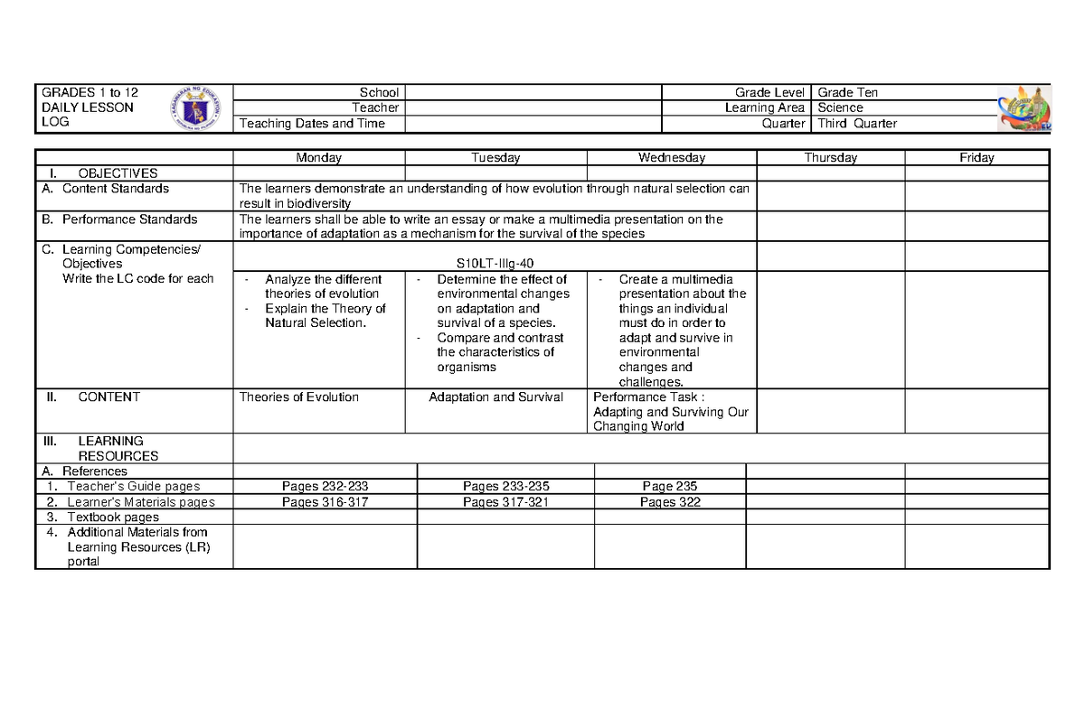 DLL MOD.3 PART 2 3RD QRTR G10 - GRADES 1 to 12 DAILY LESSON LOG School ...