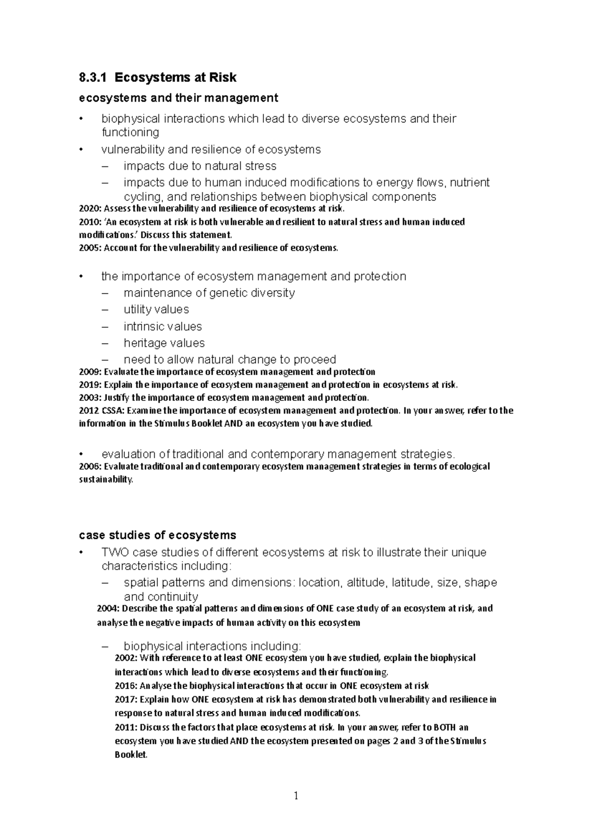 Geo Essays By Dotpoint - 8.3 Ecosystems at Risk ecosystems and their ...