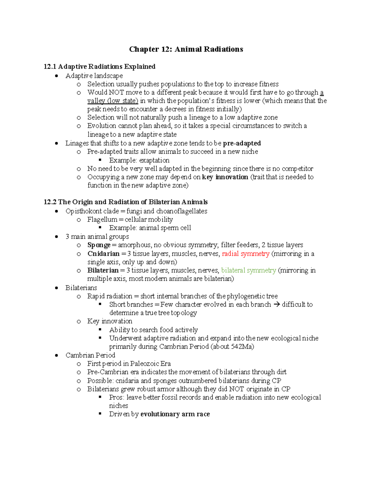 Evolution Chapter 12 Animal Radiation (Bio 152) - Chapter 12: Animal ...