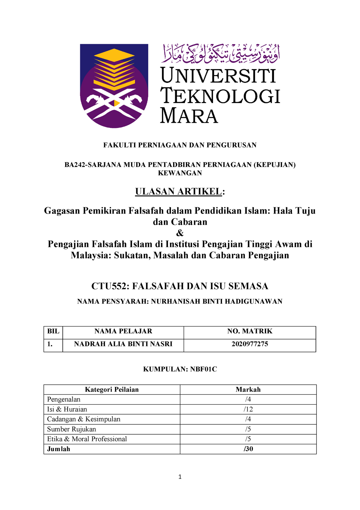 Ctu552falsafah Dan Isu Semasa Ulasan Artikel Falsafah Ctu552 Studocu