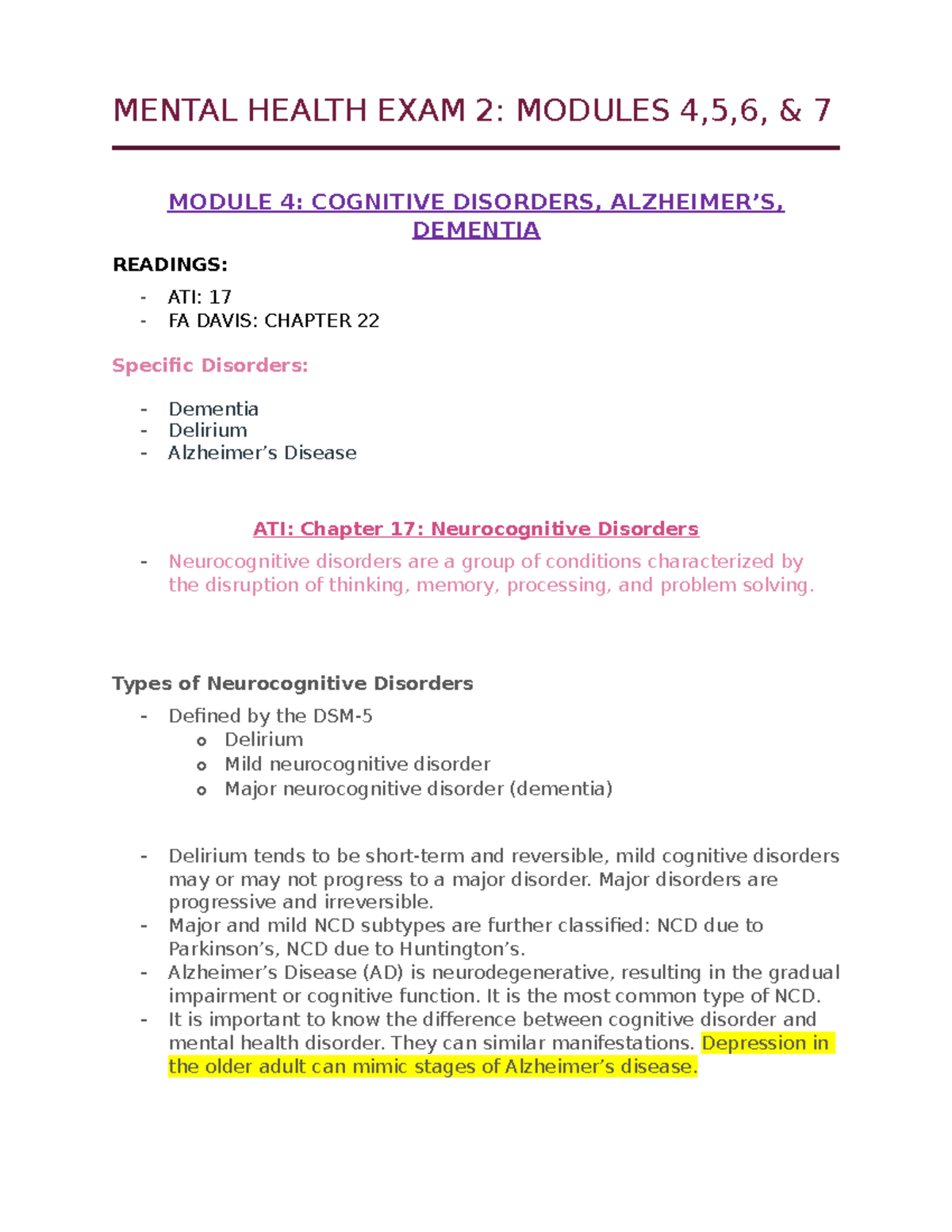 Mental Health EXAM 2 - Study guide for exam 2 - MENTAL HEALTH EXAM 2 ...