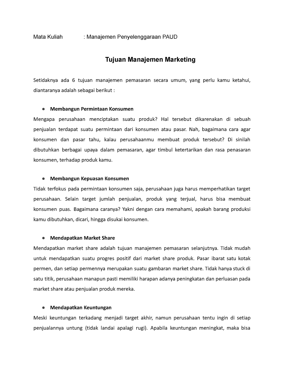 Tujuan Manajemen Marketing Mata Kuliah Manajemen Penyelenggaraan Paud Tujuan Manajemen 9142