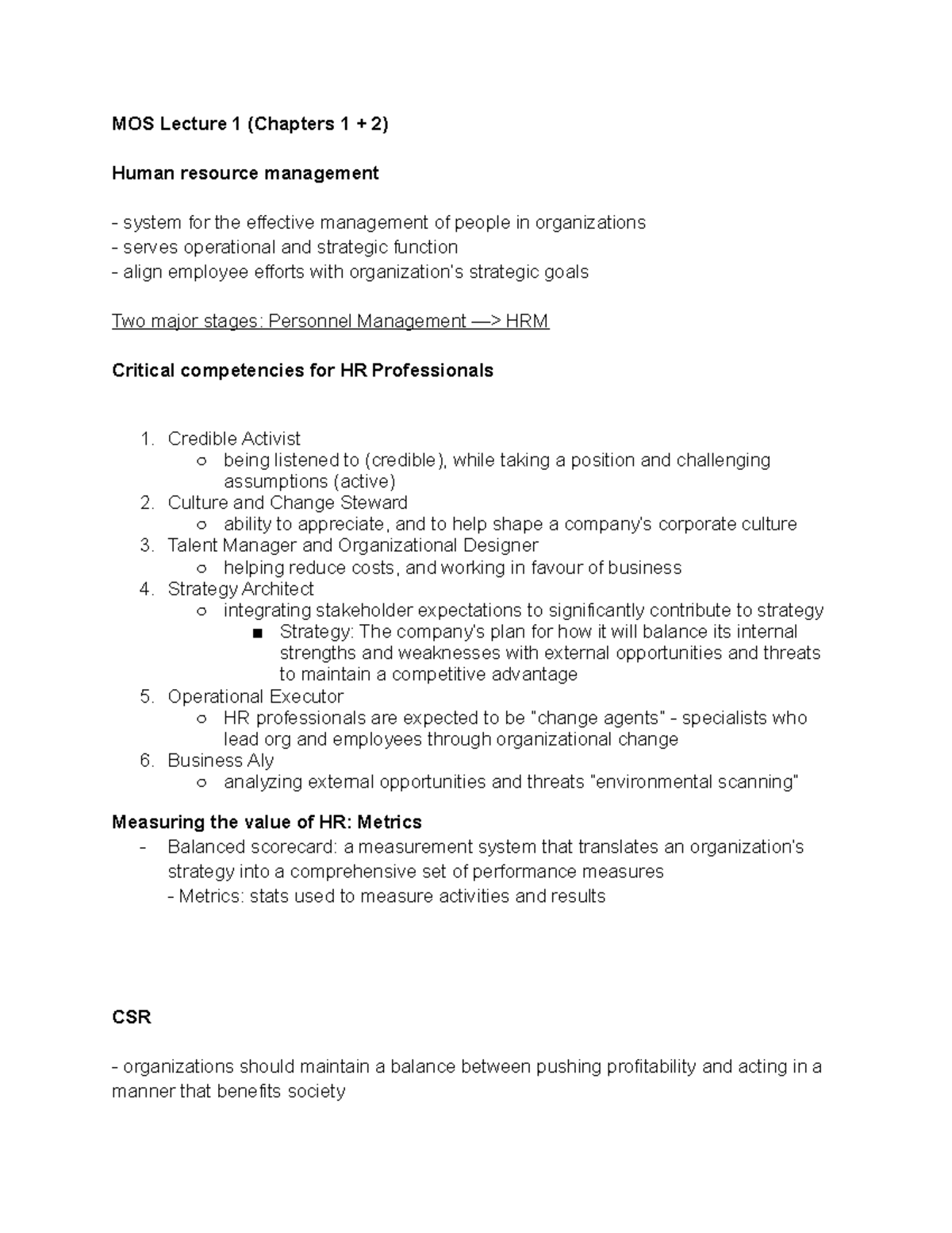MOS Midterm Review - MOS Lecture 1 (Chapters 1 + 2) Human resource ...