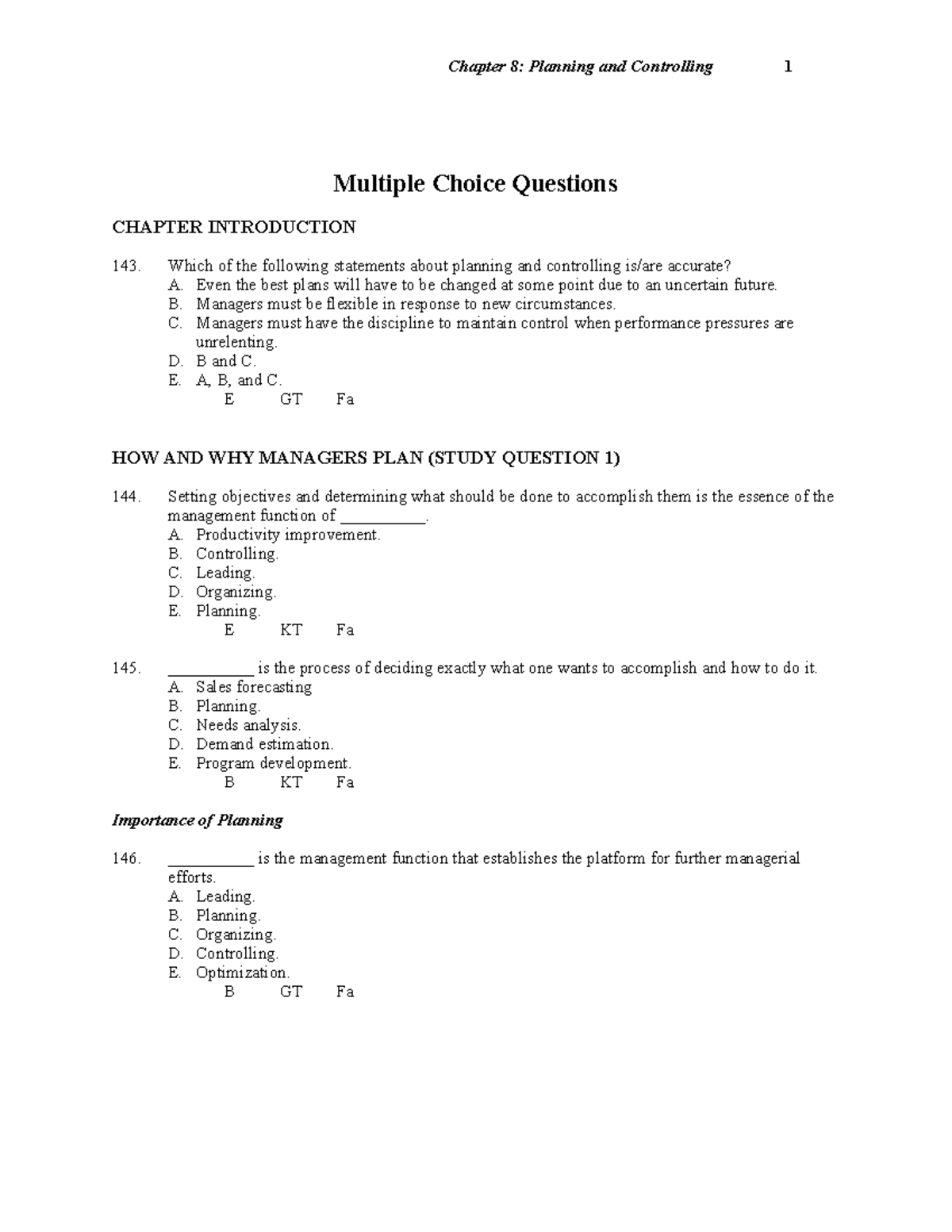 Exam 2014, questions and answers - chapter 8 - Chapter 8: Planning and ...