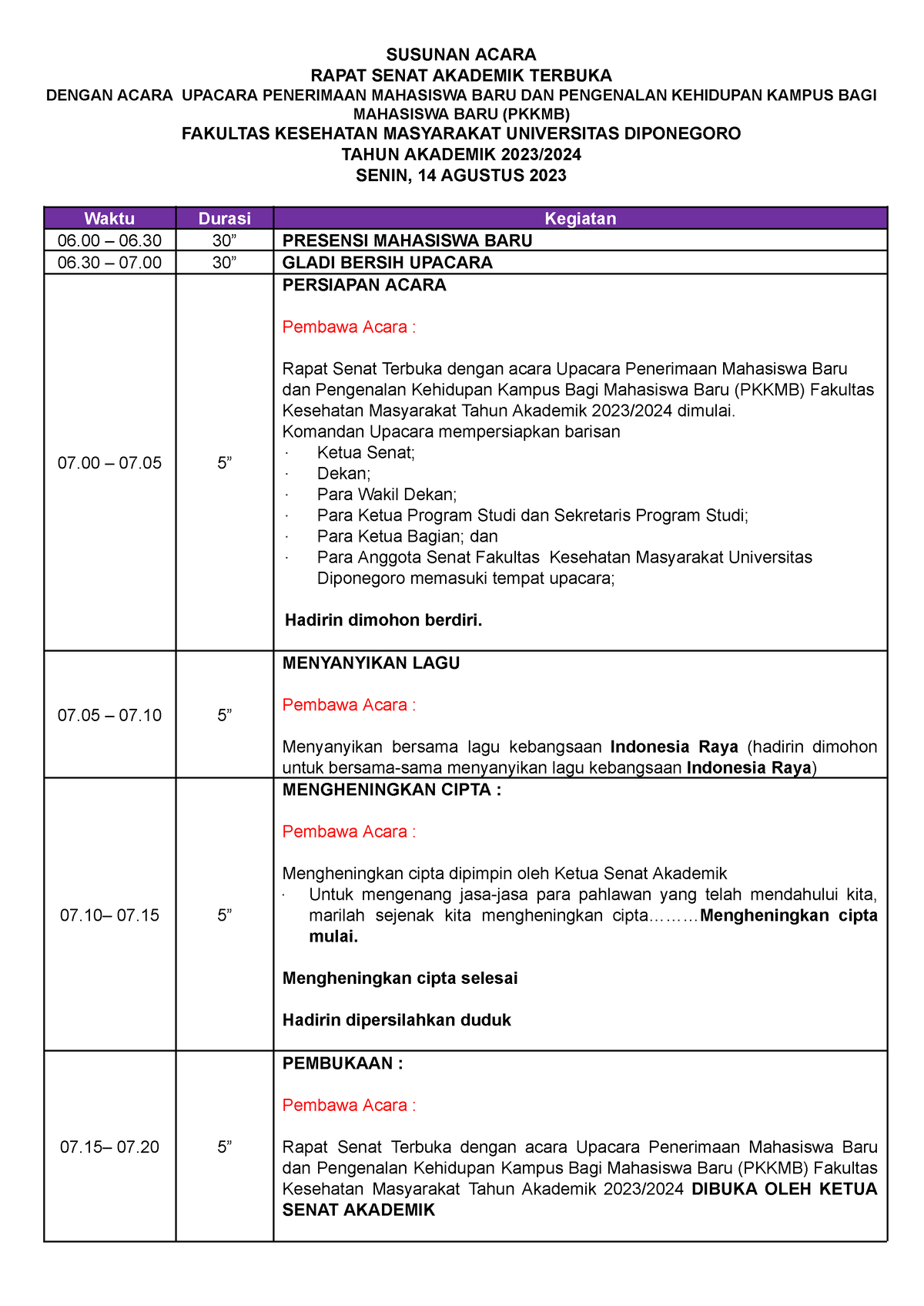 Teks Mc Pkkmb 2023 New Susunan Acara Rapat Senat Akademik Terbuka