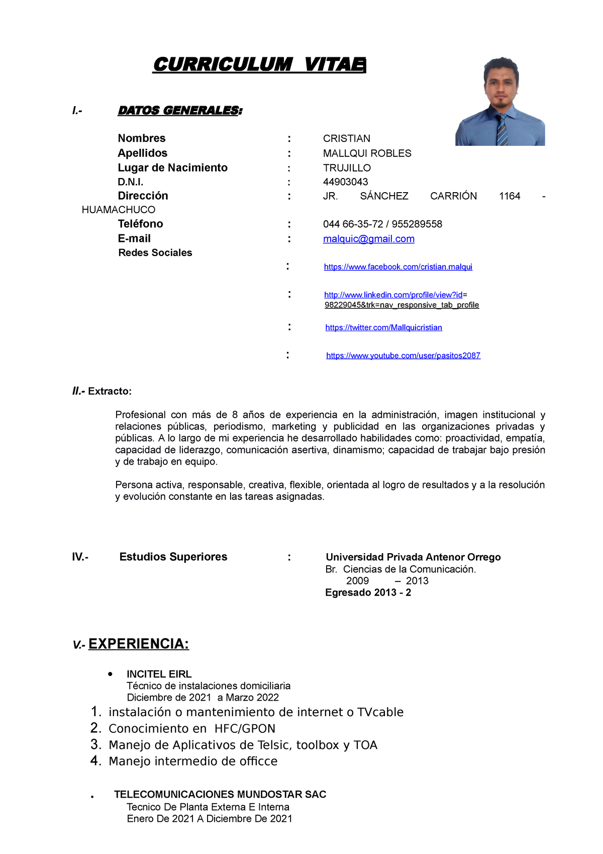 Cristian Mallqui Robles CV 2021 Huamachuco - CURRICULUM VITAE I.- DATOS