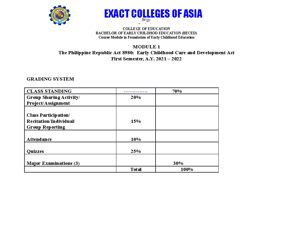 Early Childhood Module Introduction - COLLEGE OF EDUCATION BACHELOR OF ...