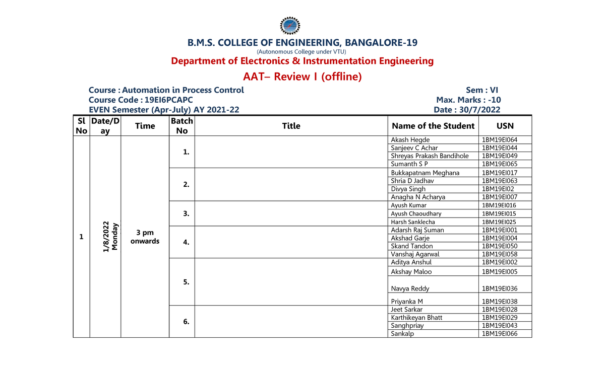 APC AAT Schedule Even Sem 2022 B.M. COLLEGE OF ENGINEERING
