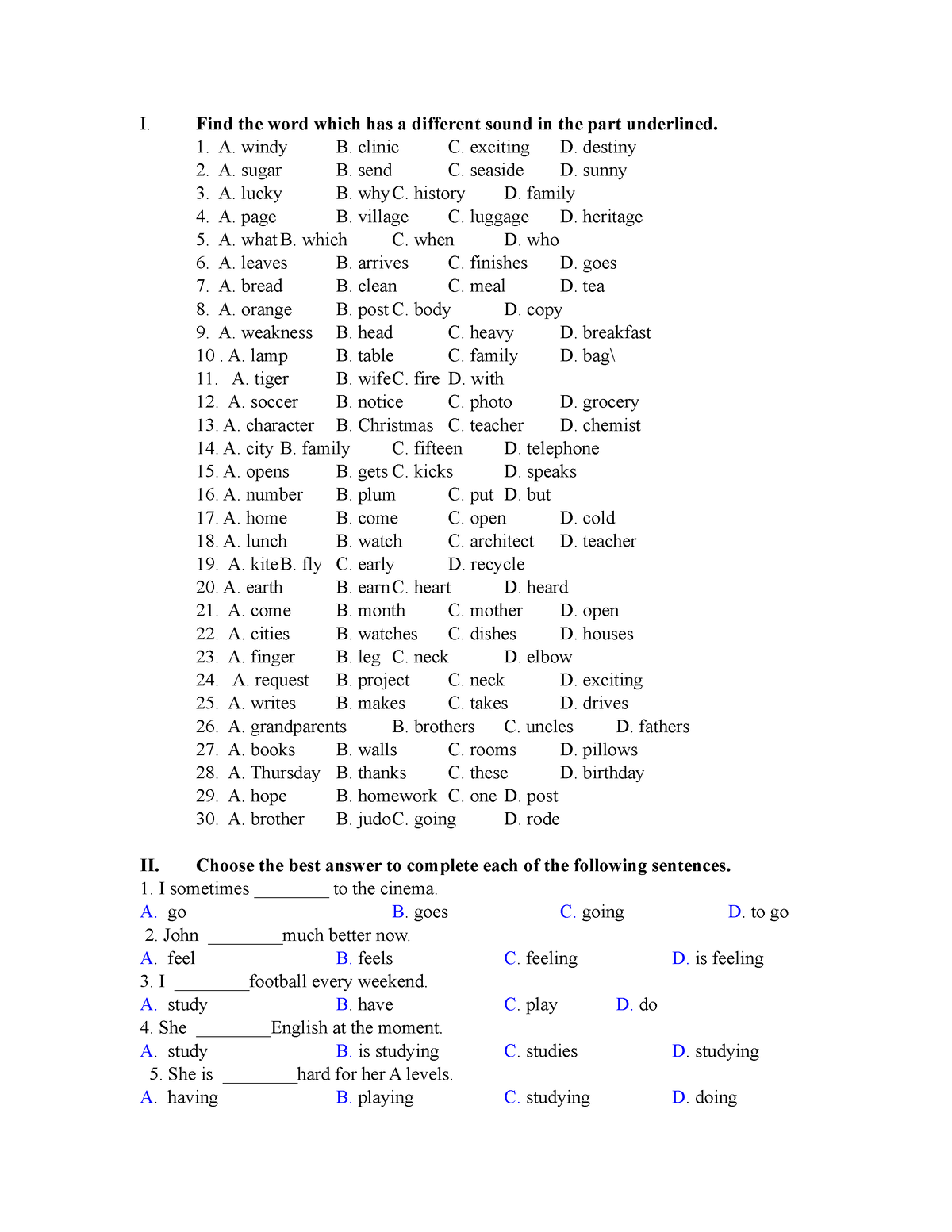 Homework - Hfdxgfh - I. Find The Word Which Has A Different Sound In ...