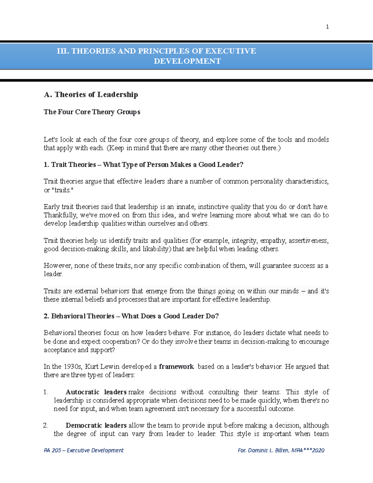 3 PA 205 Executive Development Programme IM - A. Theories of Leadership ...