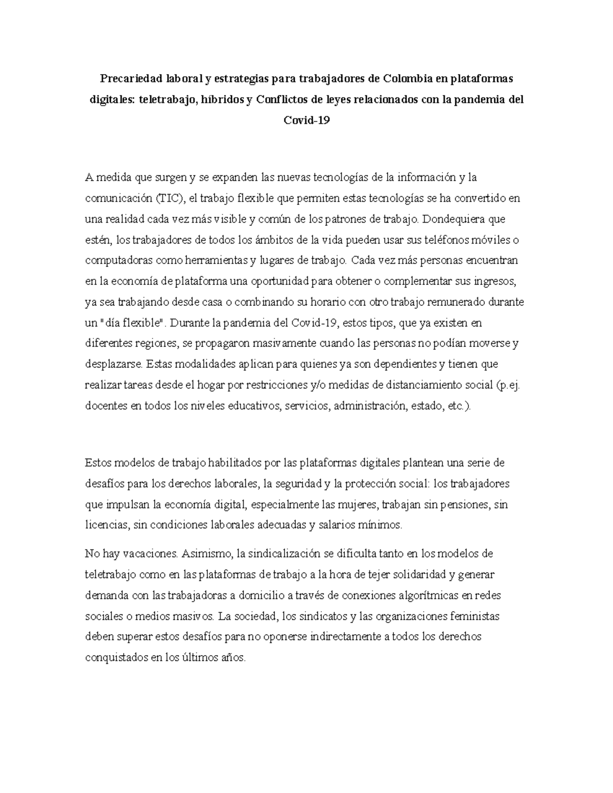 Precariedad Laboral Y Estrategias Para Trabajadores De Colombia En ...