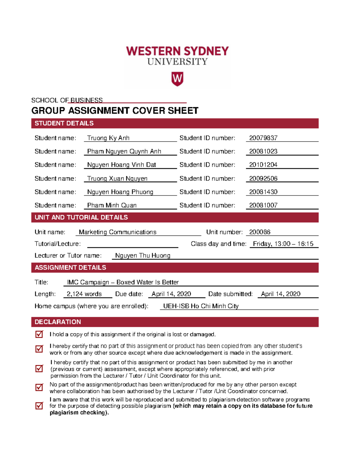 BDSM UEH-ISB-HCMC Friday-13 - SCHOOL OF BUSINESS GROUP ASSIGNMENT COVER ...