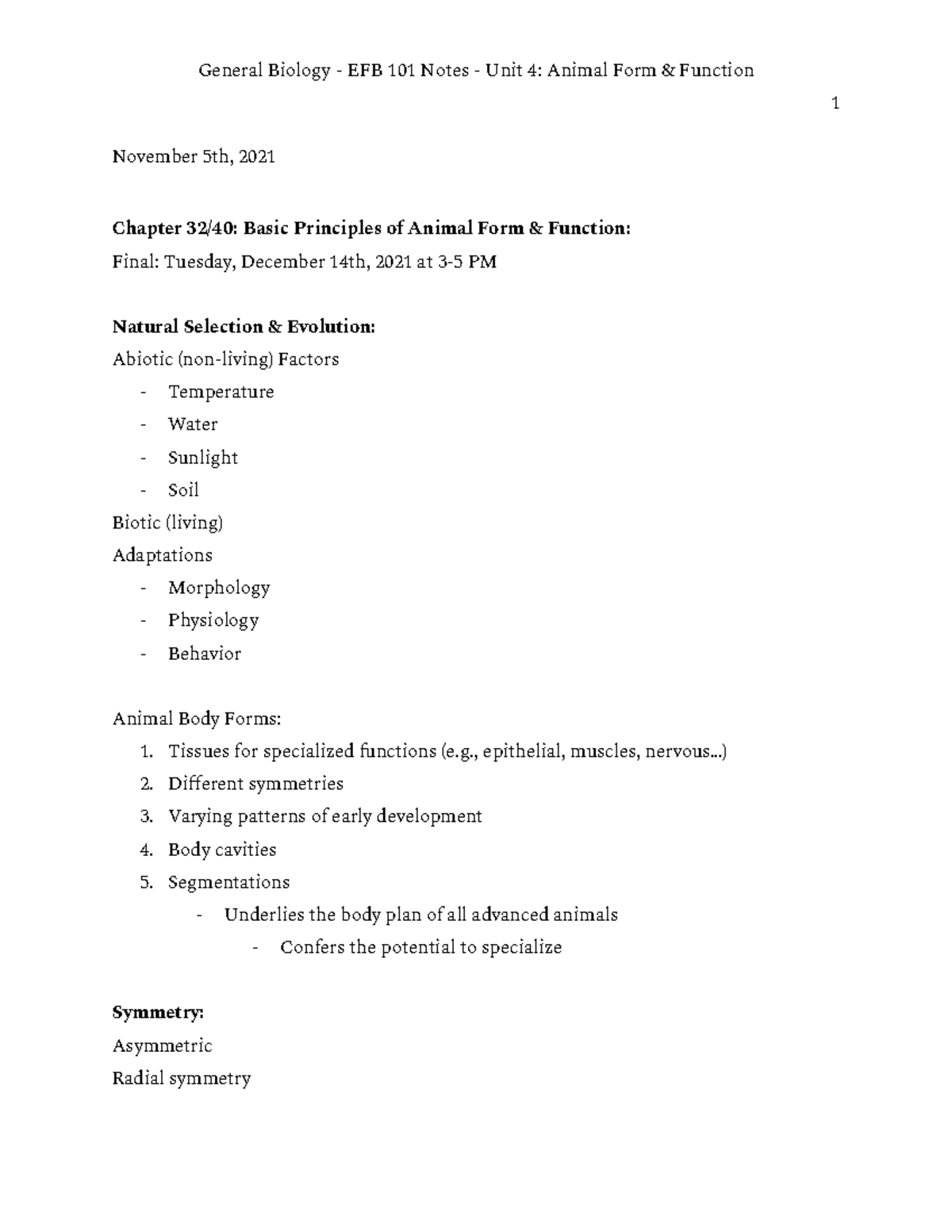 General Biology - EFB 101 Notes - Unit 4 Animal Form and Function - 1 ...