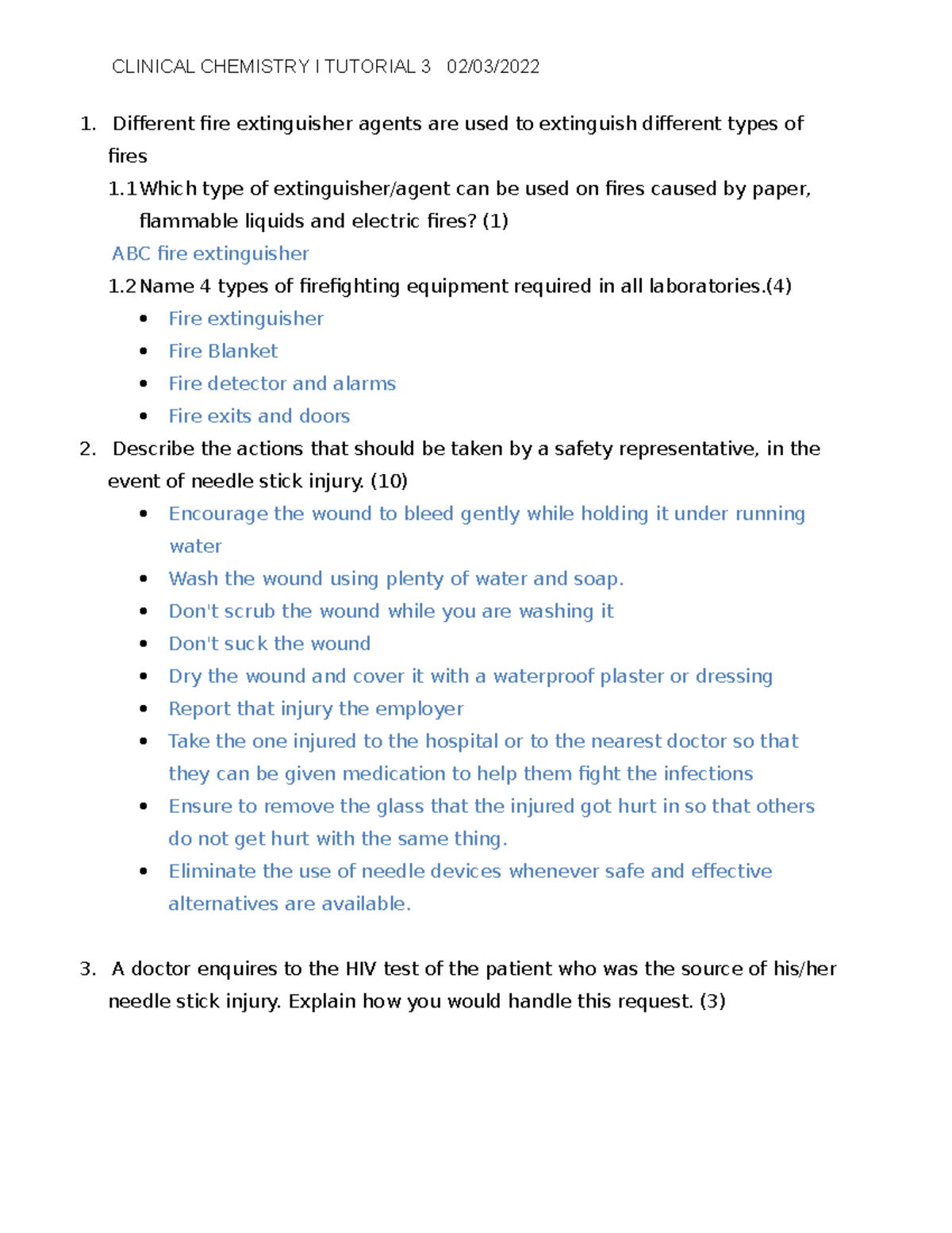 Tutorial 3-Safety Answers - CLINICAL CHEMISTRY I TUTORIAL 3 02/03 ...