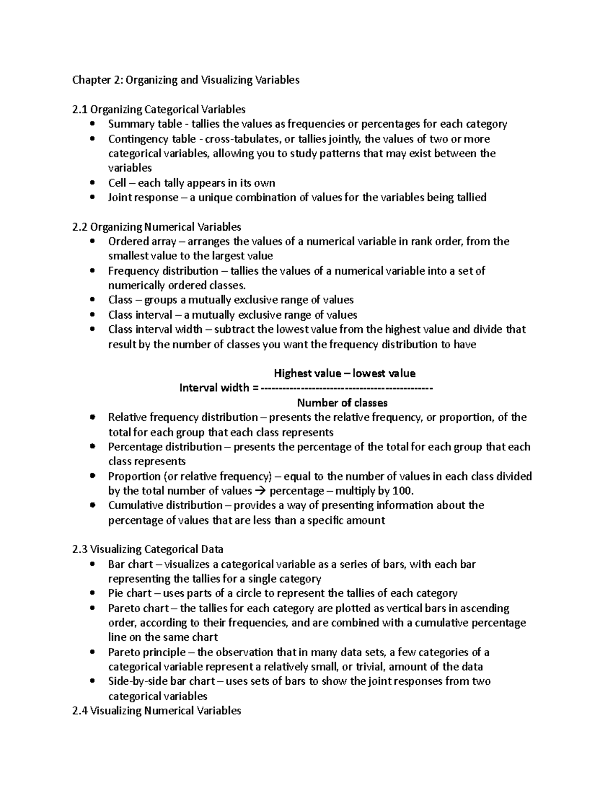 Chapter 2 Notes - Chapter 2: Organizing and Visualizing Variables 2 ...