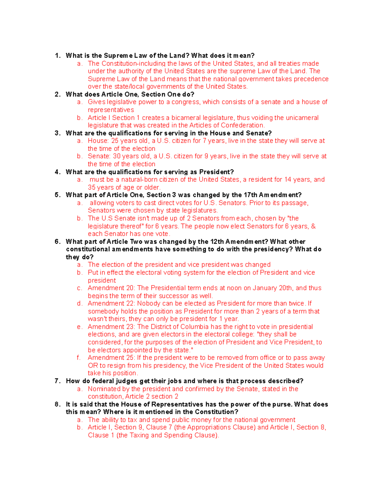 Constitution quiz "cheat sheet" What is the Supreme Law of the Land
