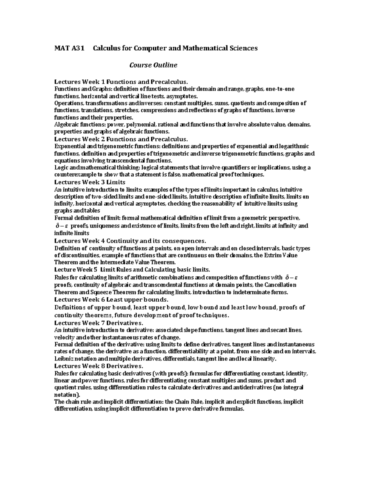 MAT A31 Course Outline - MAT A31 Calculus for Computer and Mathematical ...